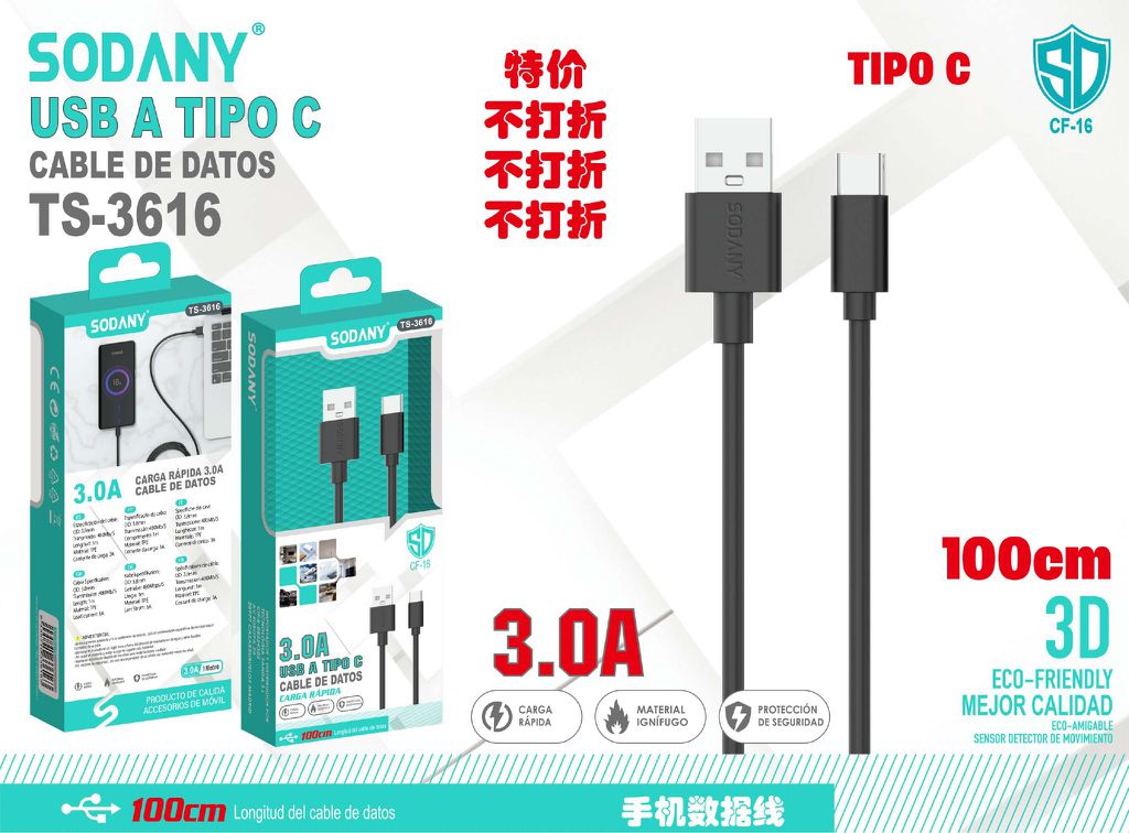 SODANY Cable de Datos USB A a Tipo C 3.0A 100cm TS-3616