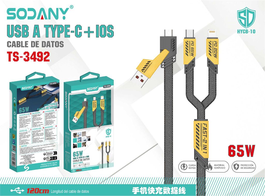 SODANY Cable de Datos 3 en 1 USB A/Tipo C a Tipo C (65W) + iOS (20W) 120cm TS-3492
