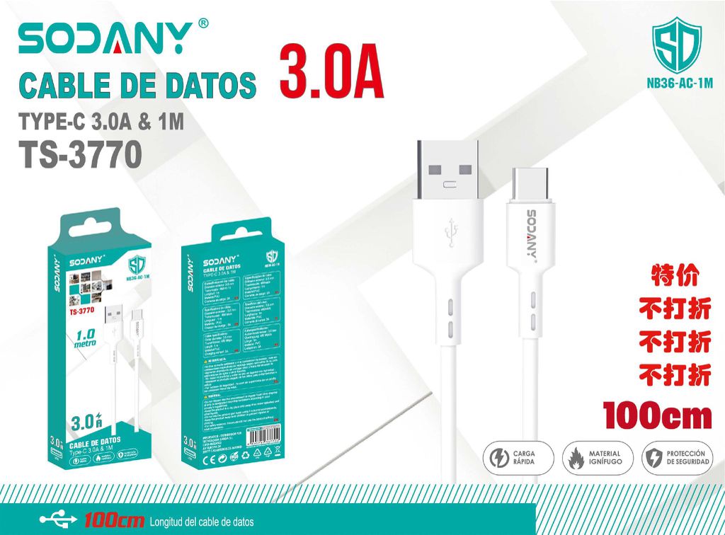 SODANY Cable de Datos USB A a Type-C 3.0A 100cm TS-3770