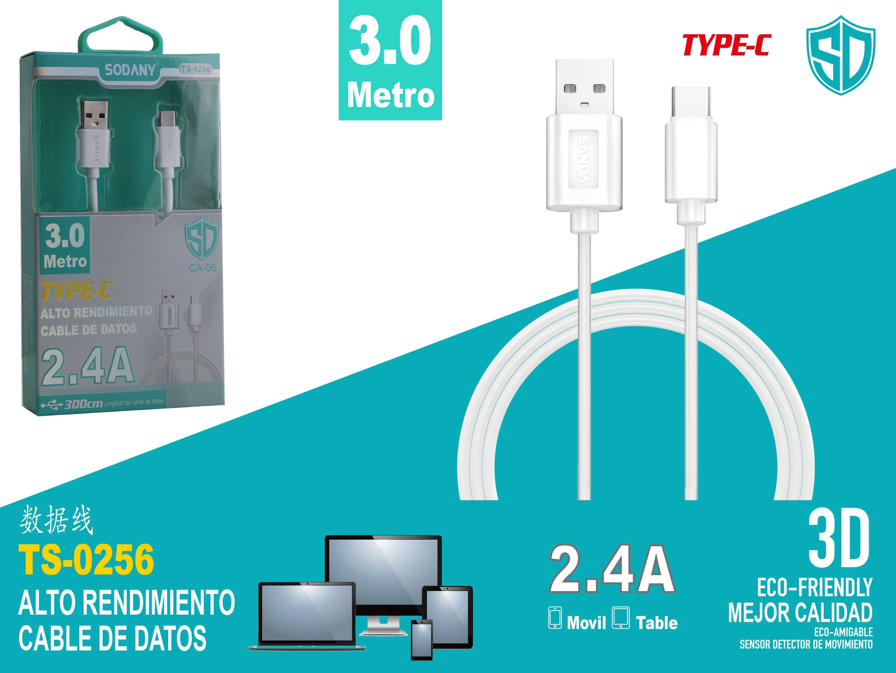 Cable USB a Tipo C de 300 cm 2.4A