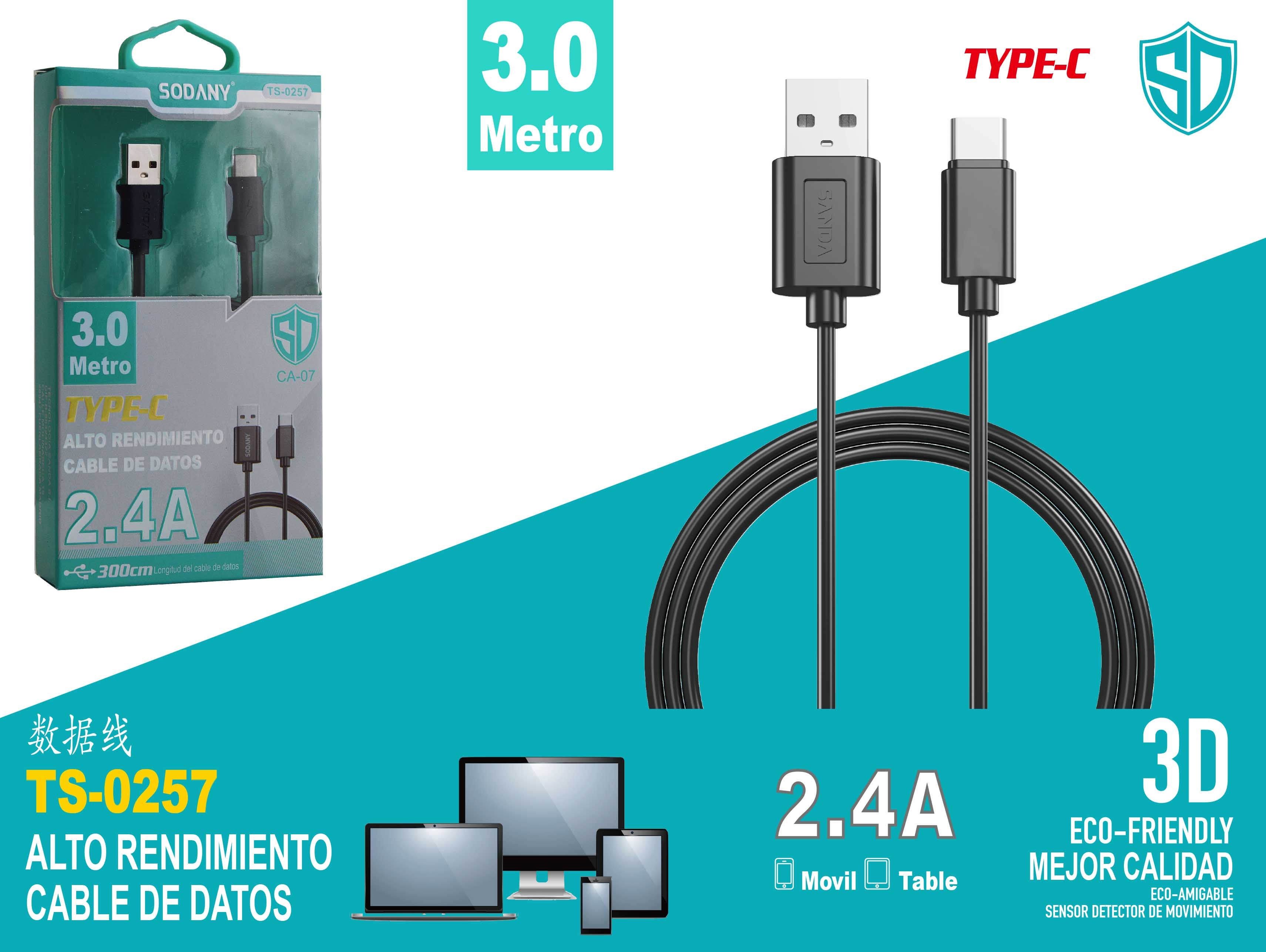 Cable USB a Tipo C de 300 cm 2.4A