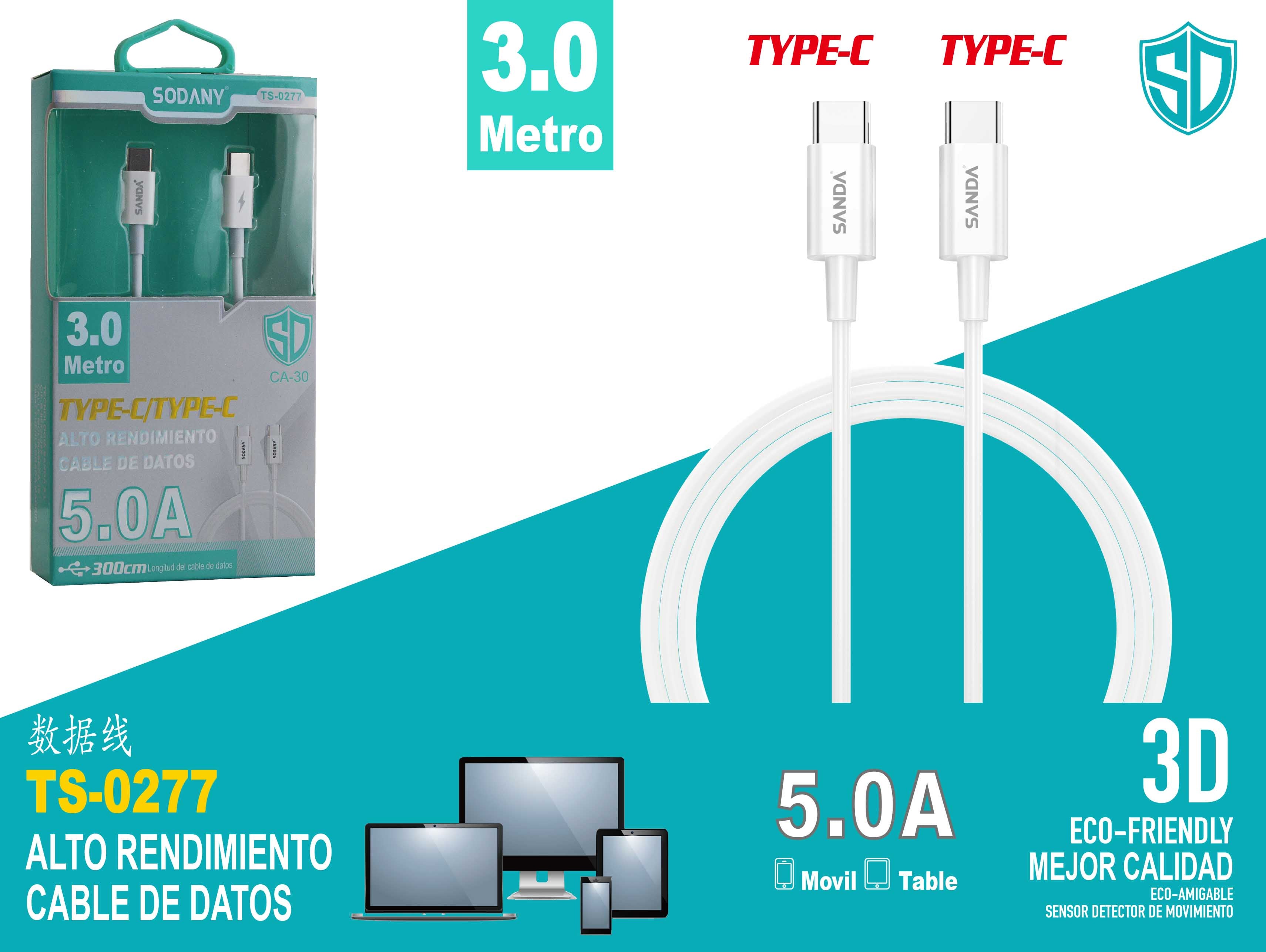 Cable Tipo C a Tipo C de 300 cm 5.0A