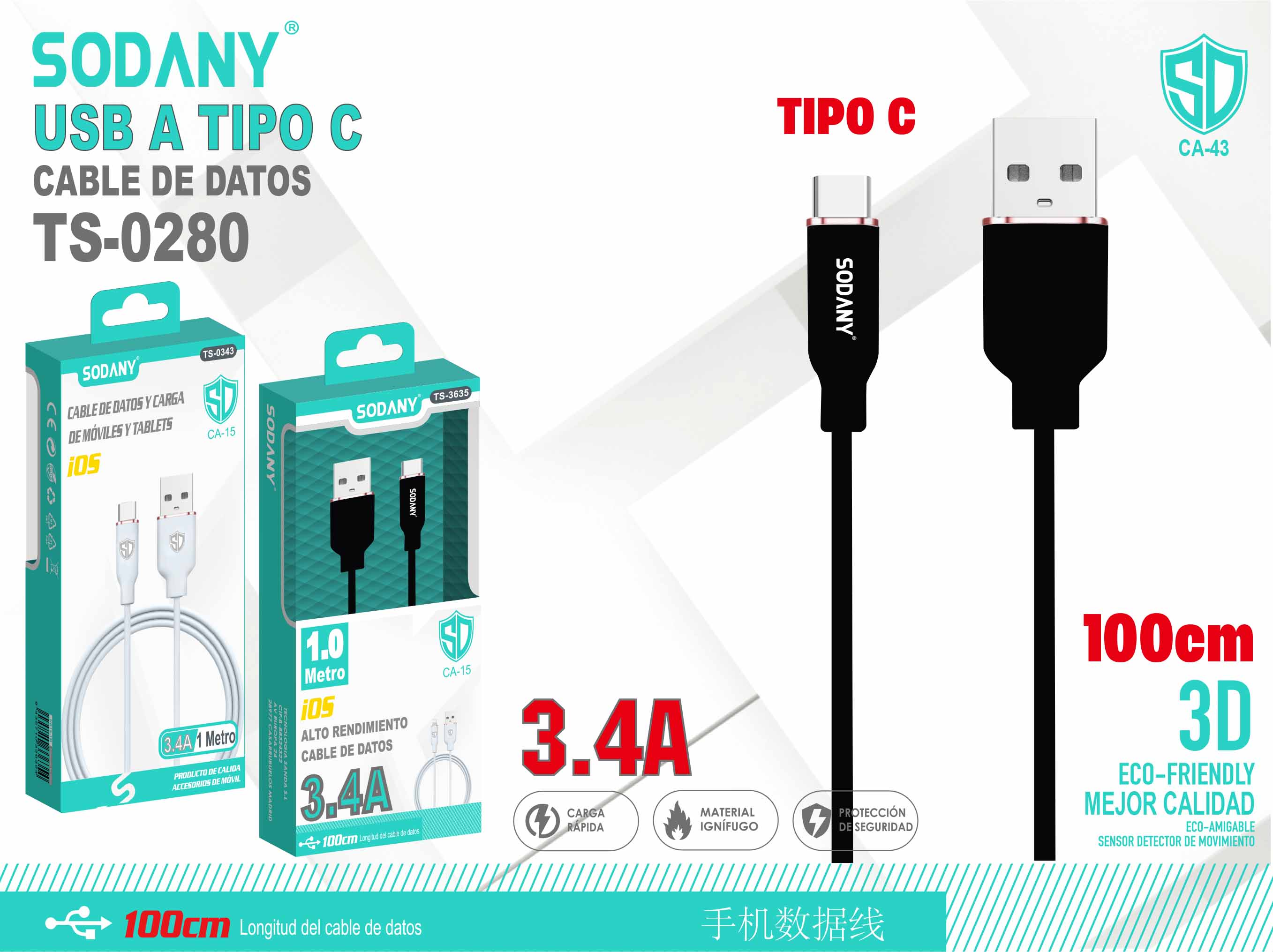 Cable USB a Tipo C 100cm 3.4A