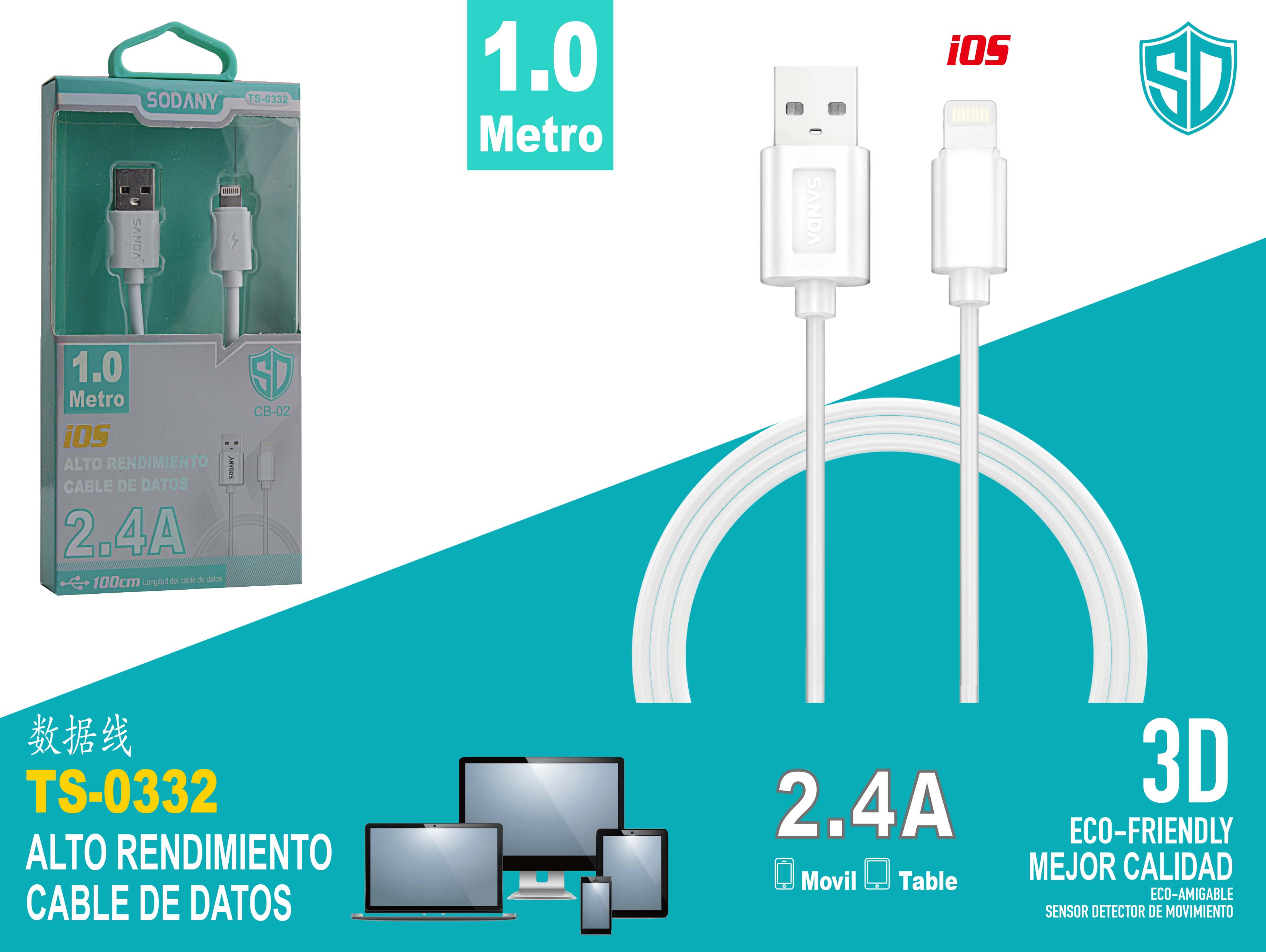 Cable USB a iOS de 100 cm 2.4A