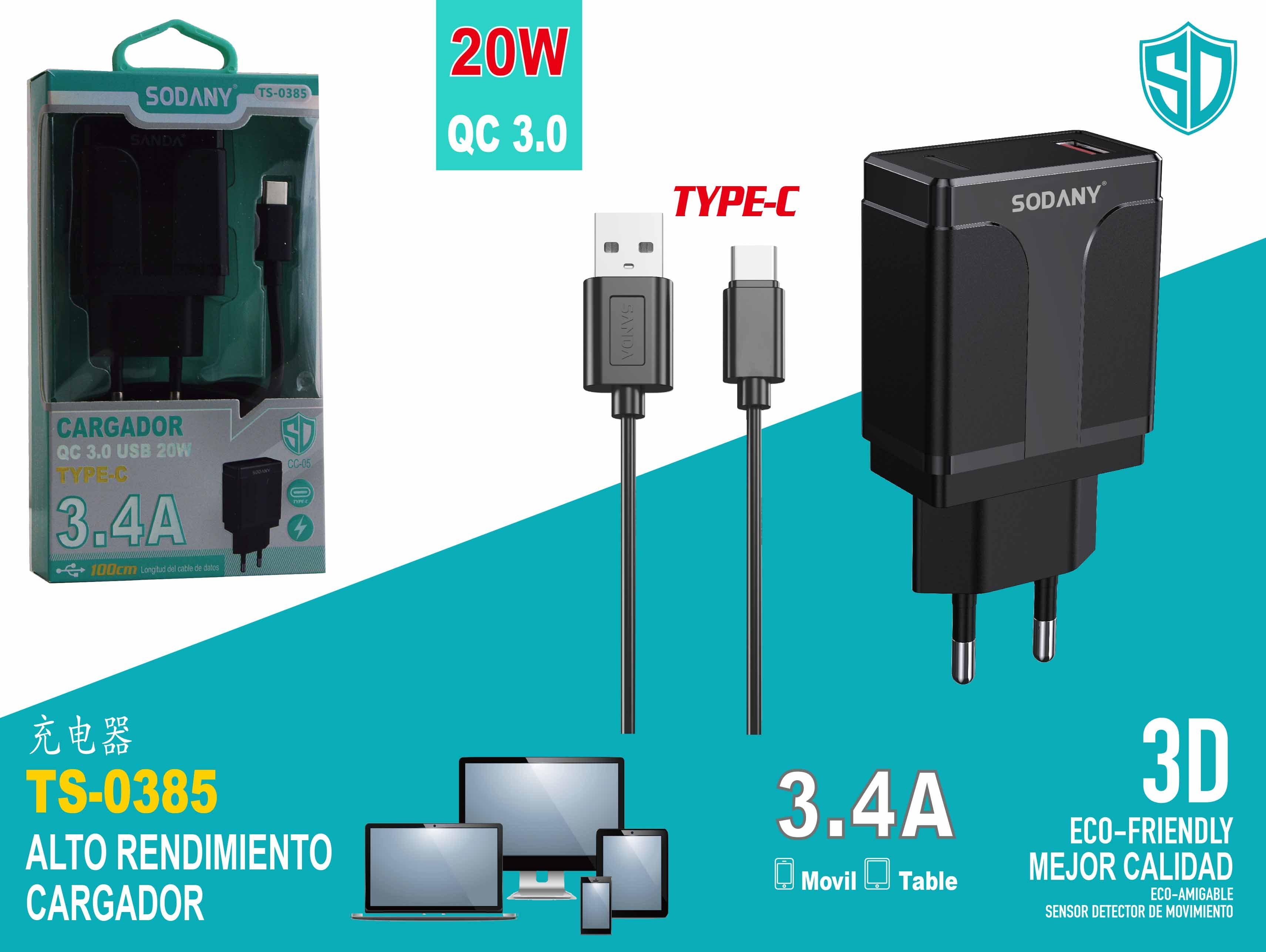 Cargador con Cable Tipo C de 3.4A QC 3.0 de 20W