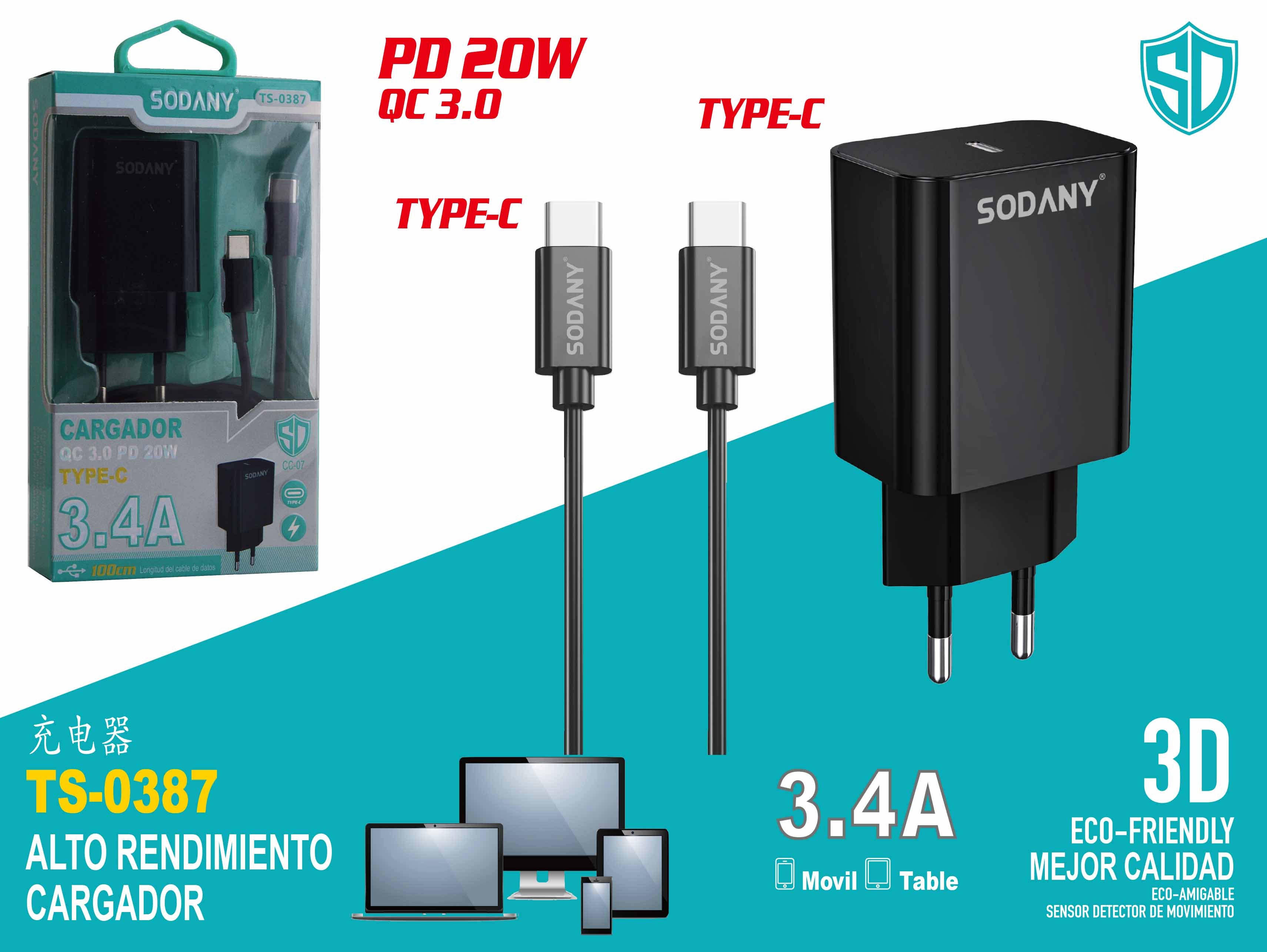 Cargador con Cable Tipo C de 3.4A QC 3.0 de 20W