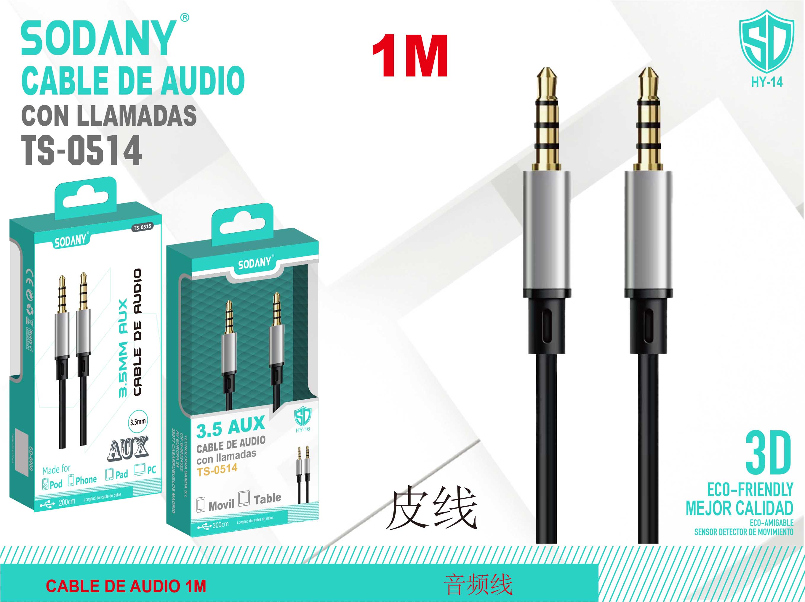 Cable de Audio 1M con Llamadas - Sodany TS-0514