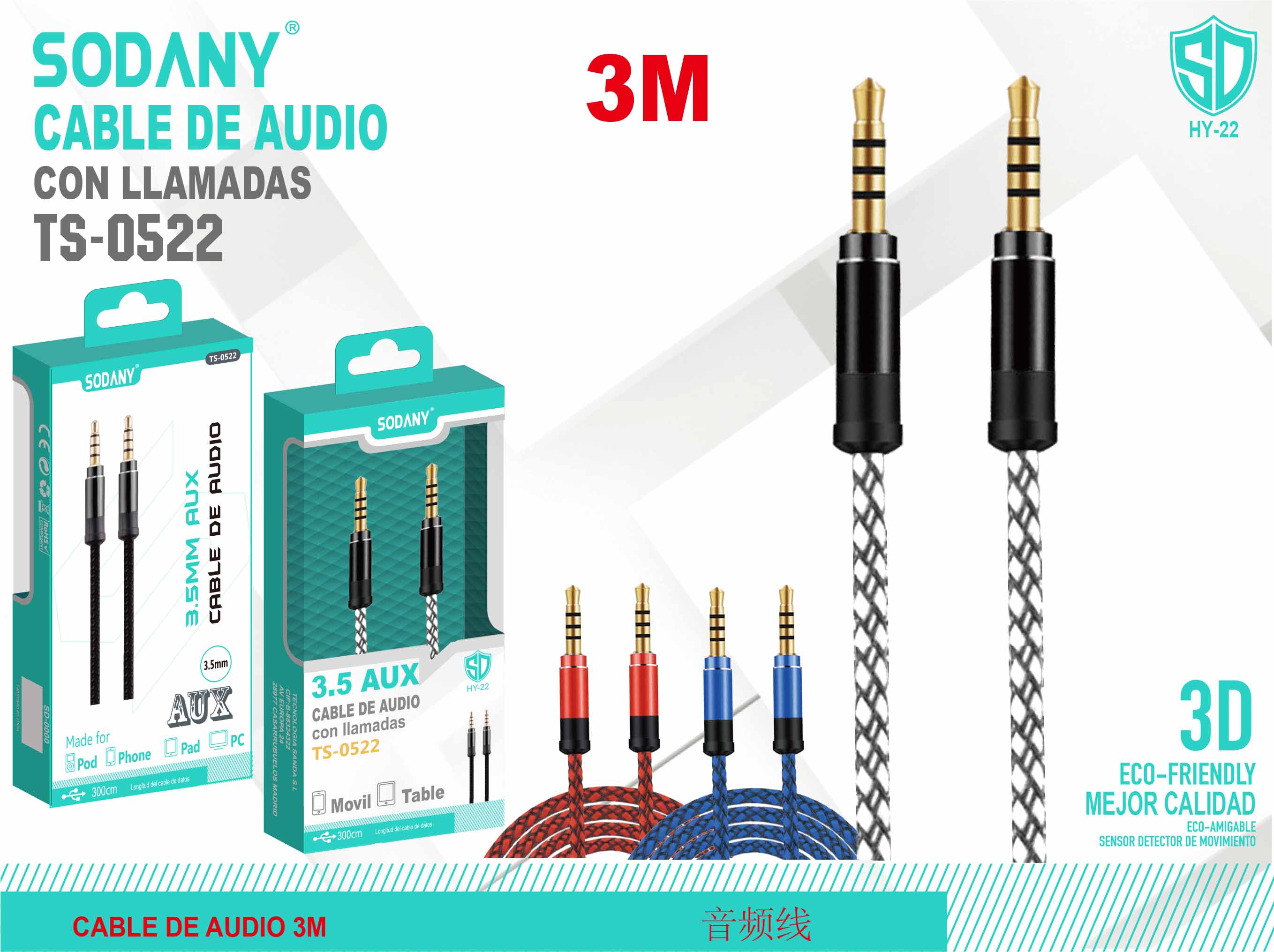 Cable de Audio 3M con Llamadas - Sodany TS-0522