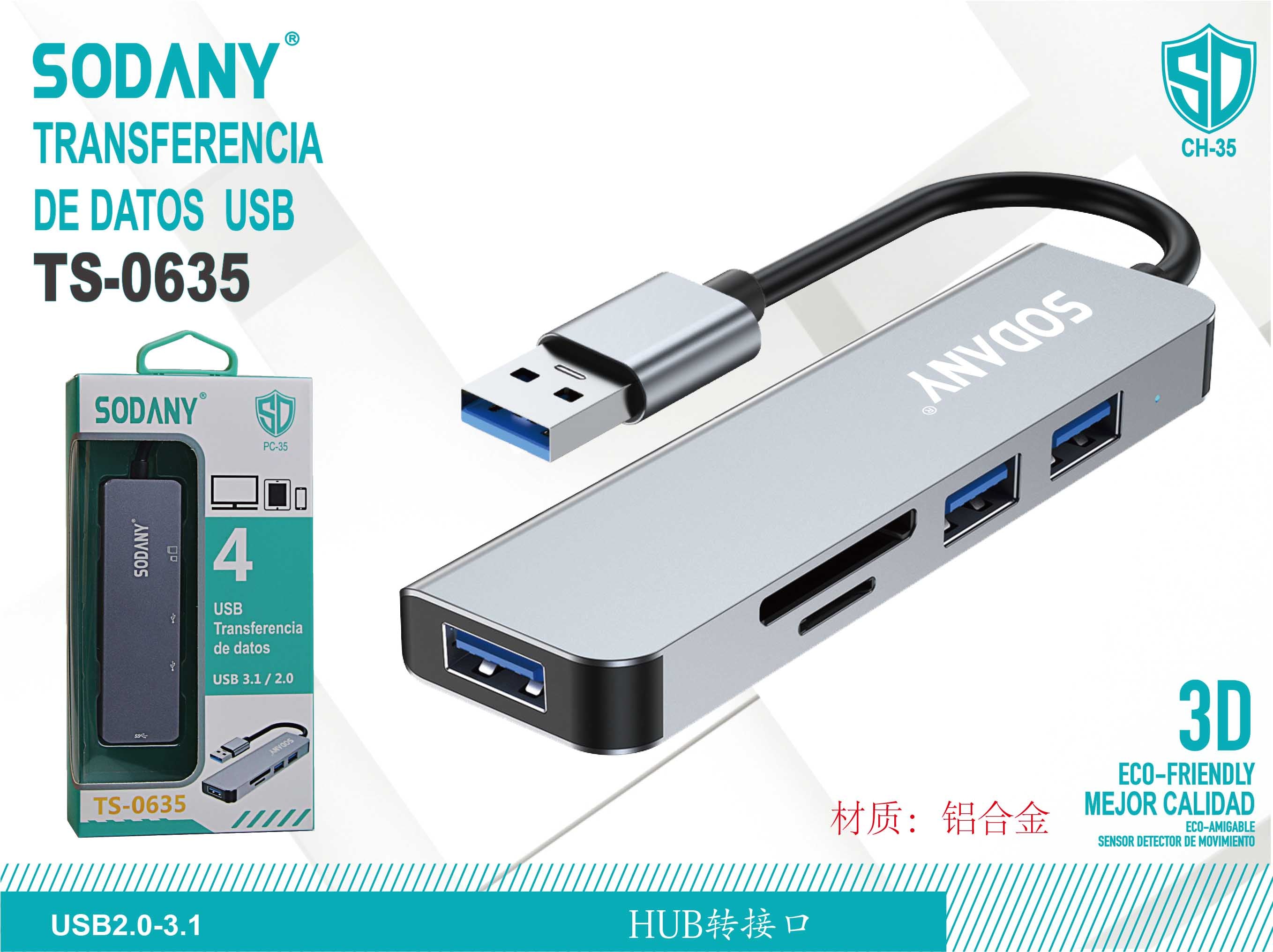 SODANY Hub de Transferencia de Datos USB Aluminio TS-0635