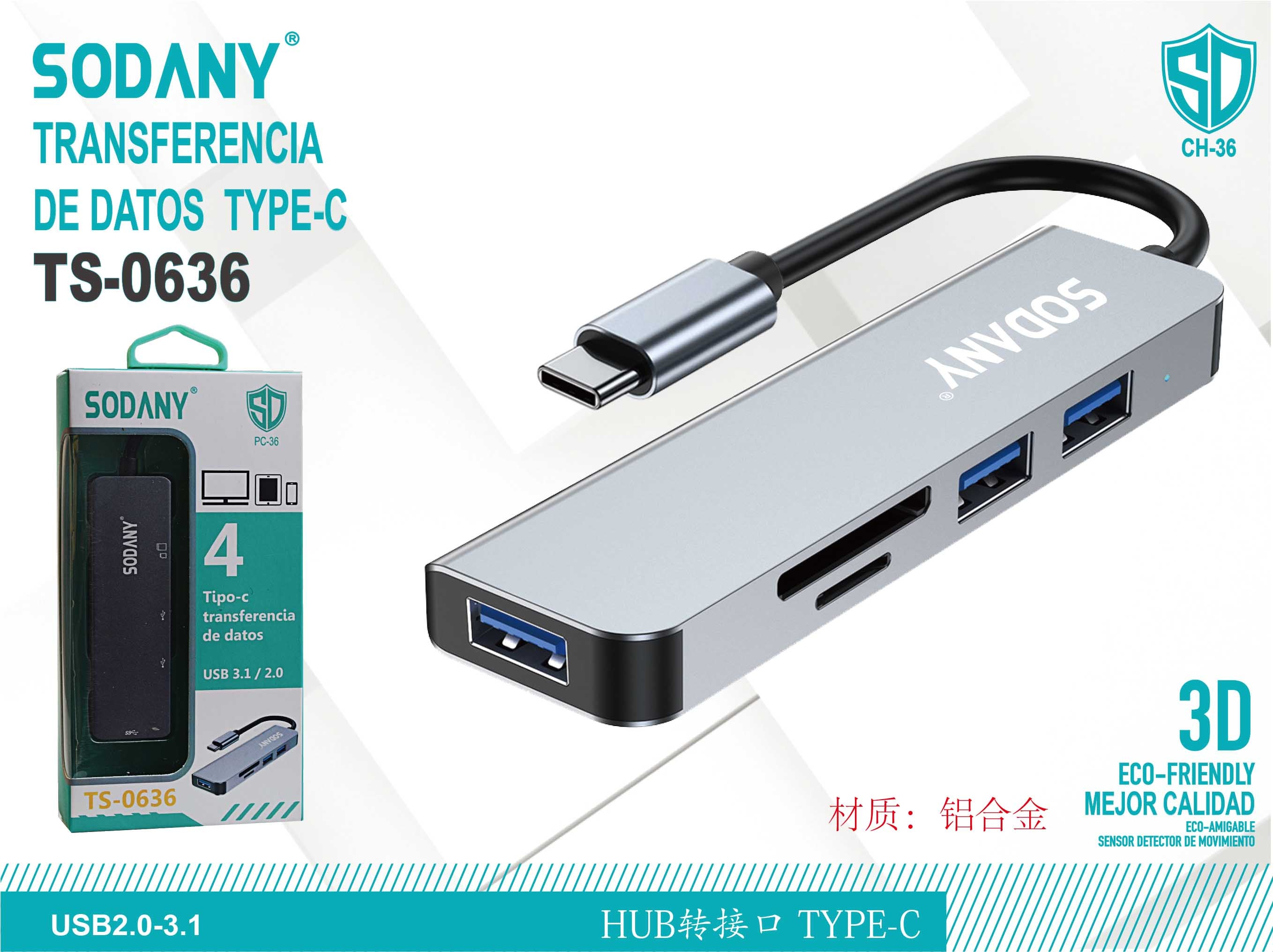 SODANY Hub de Transferencia de Datos Type-C Aluminio TS-0636