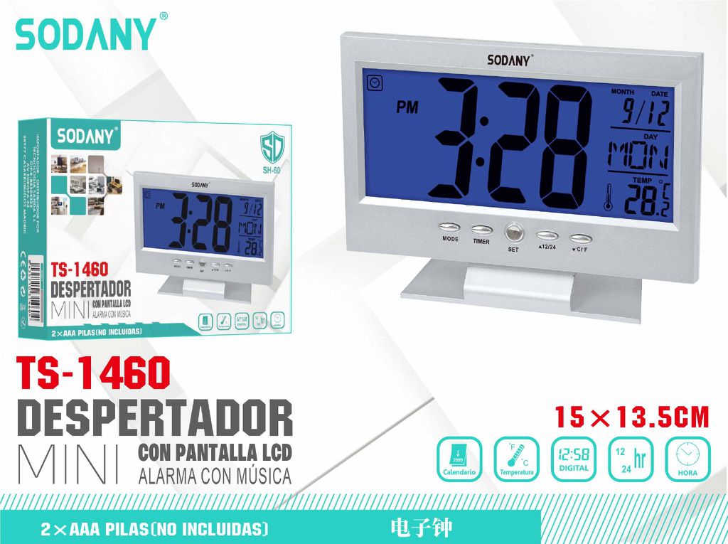 Despertador LCD Digital Gris - Sodany TS-1460