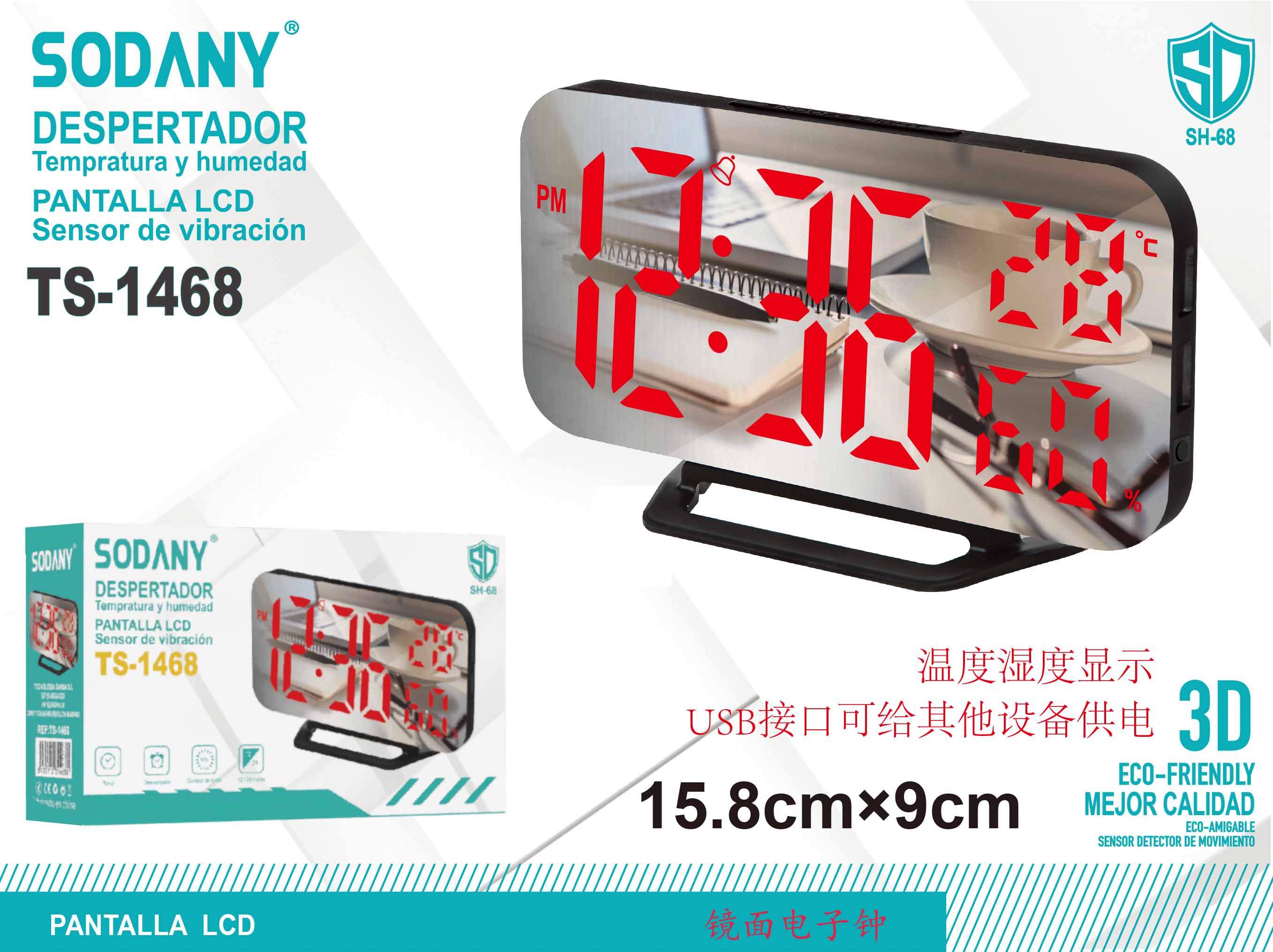 Despertador con Pantalla LCD, Sensor de Vibración y Puerto USB - Sodany TS-1468