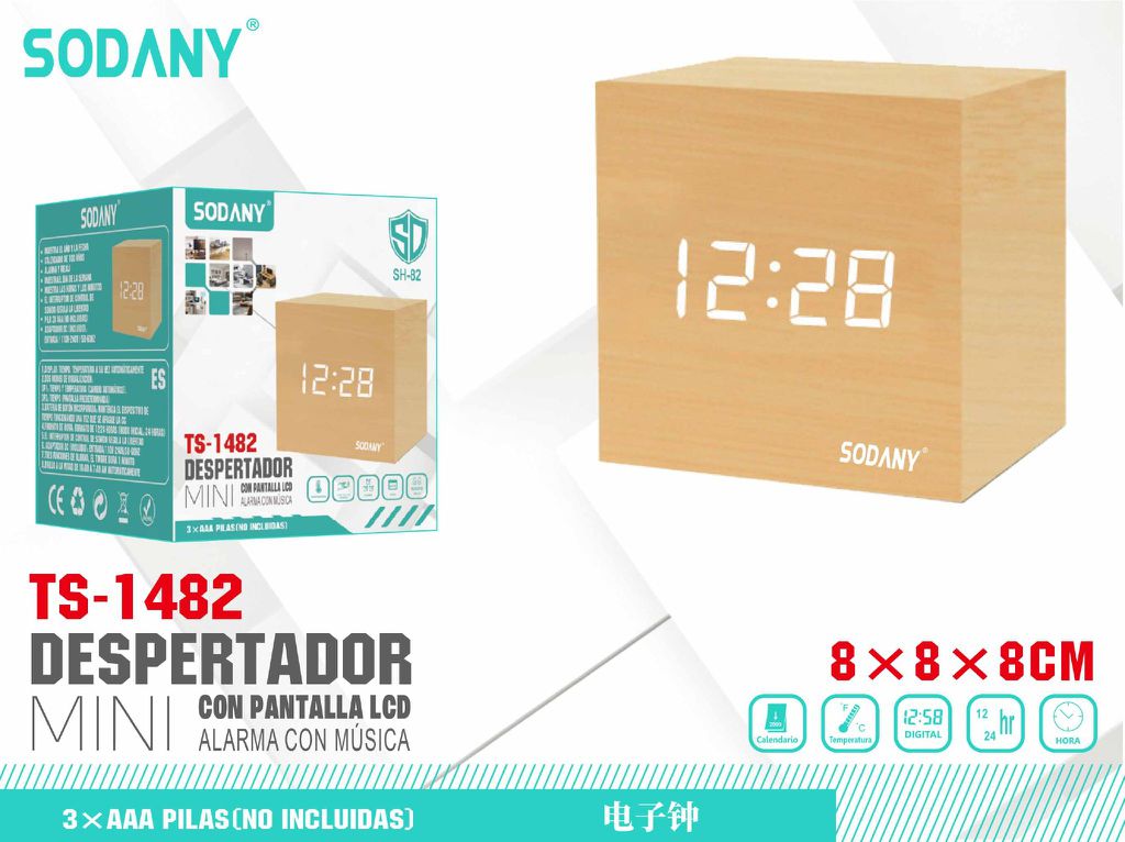 Despertador Electrónico de Madera con Pantalla LED - Sodany TS-1482