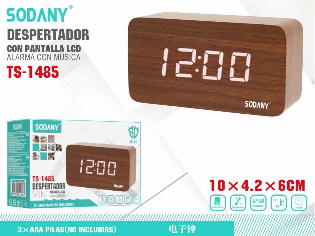 Despertador Electrónico de Madera con Pantalla LED - Sodany TS-1485