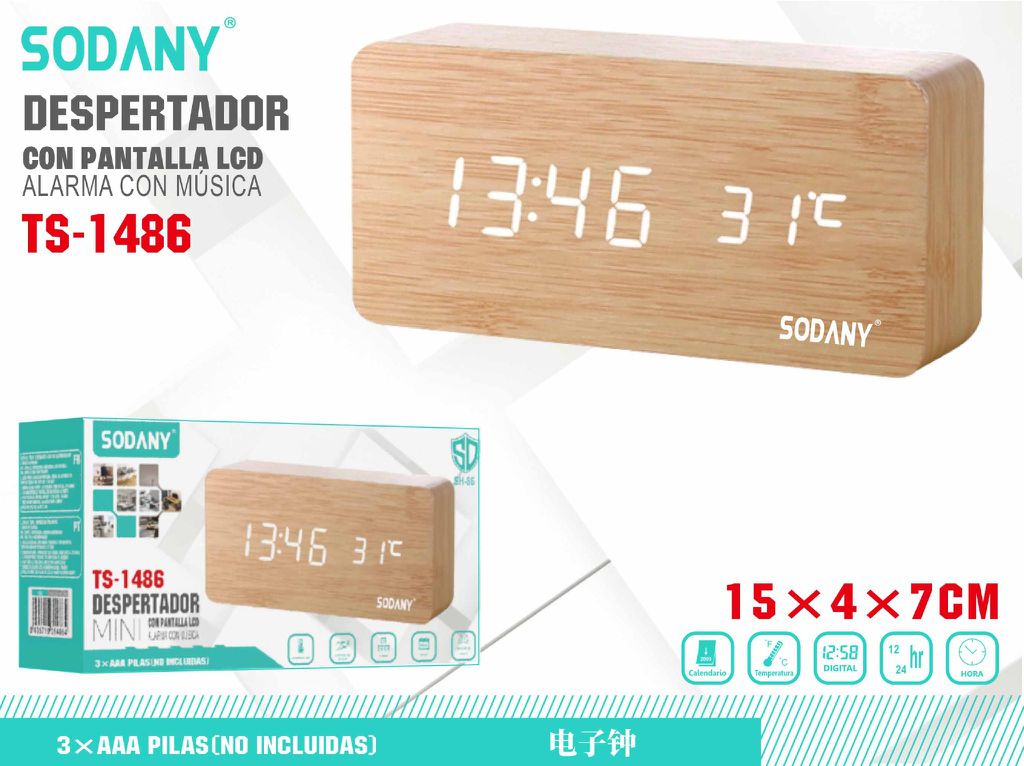 Despertador Electrónico de Madera con Pantalla LED - Sodany TS-1486