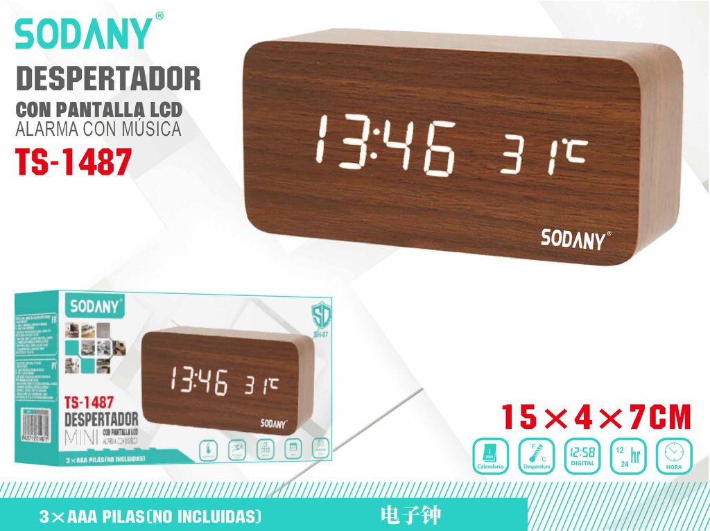 Despertador Electrónico de Madera con Pantalla LED - Sodany TS-1487