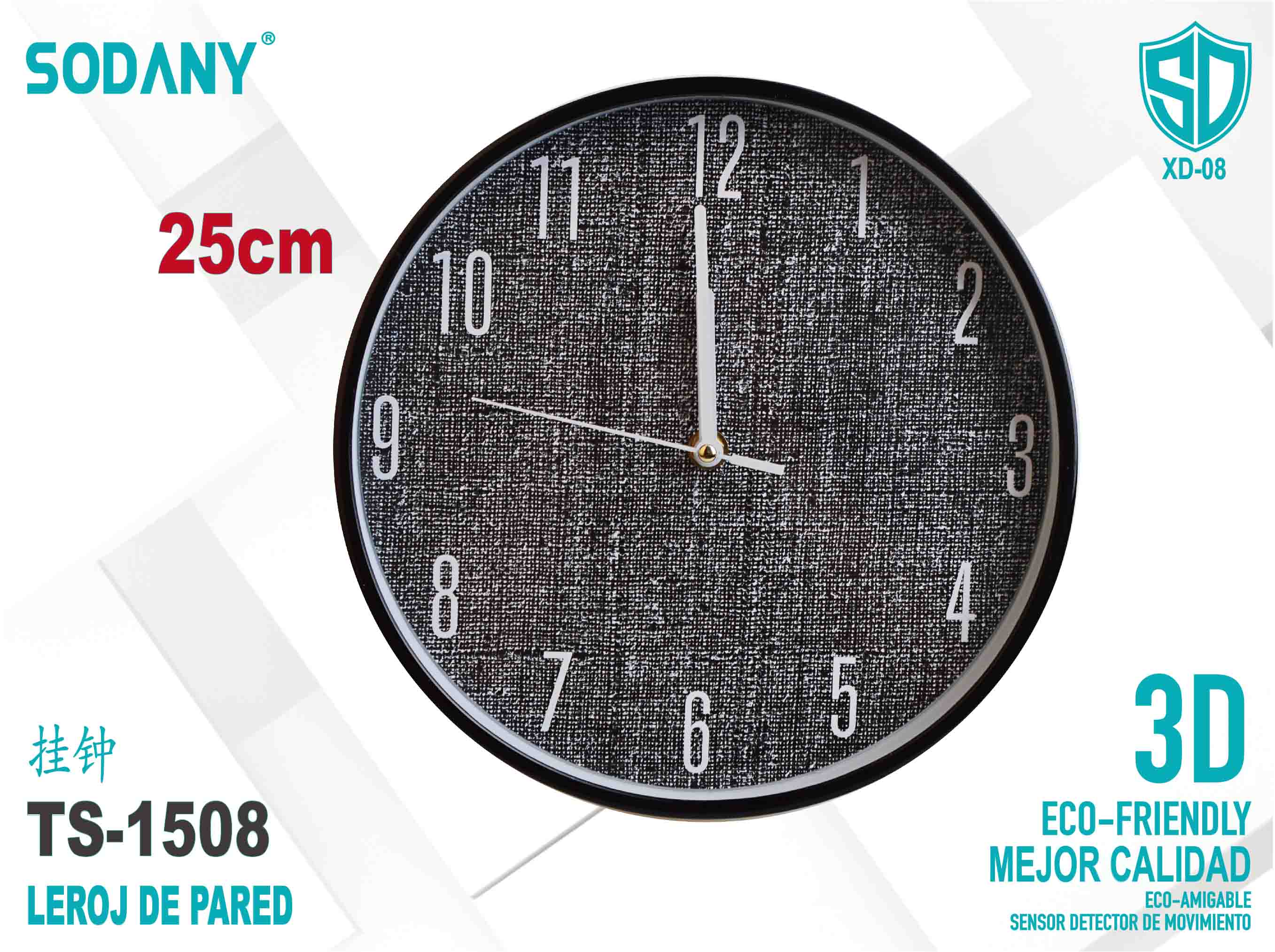 Reloj de Pared Redondo con Textura de Tela en Color Negro - Sodany TS-1508