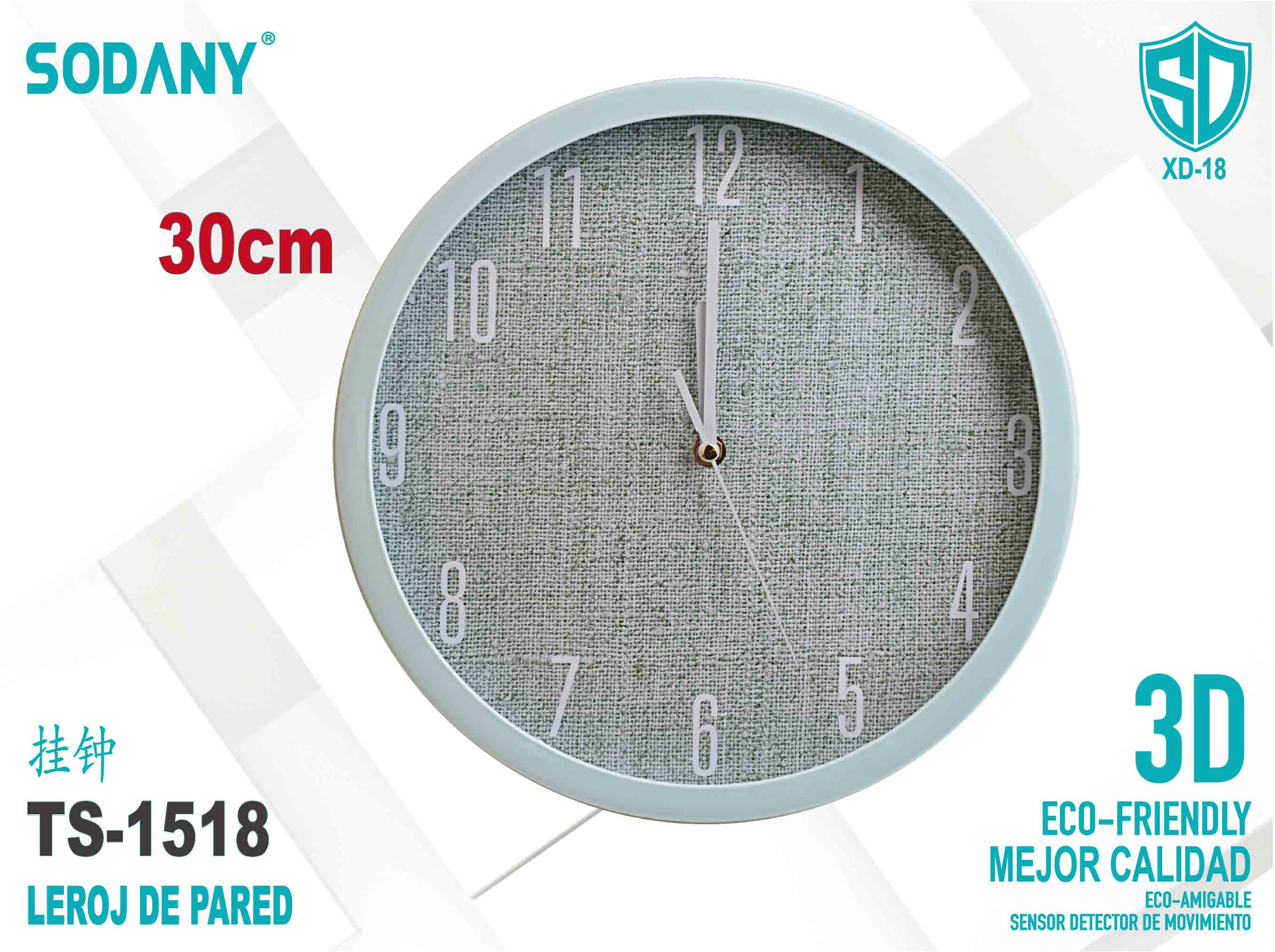 Reloj de Pared Redondo de 30 cm con Tela Verde - Sodany TS-1518