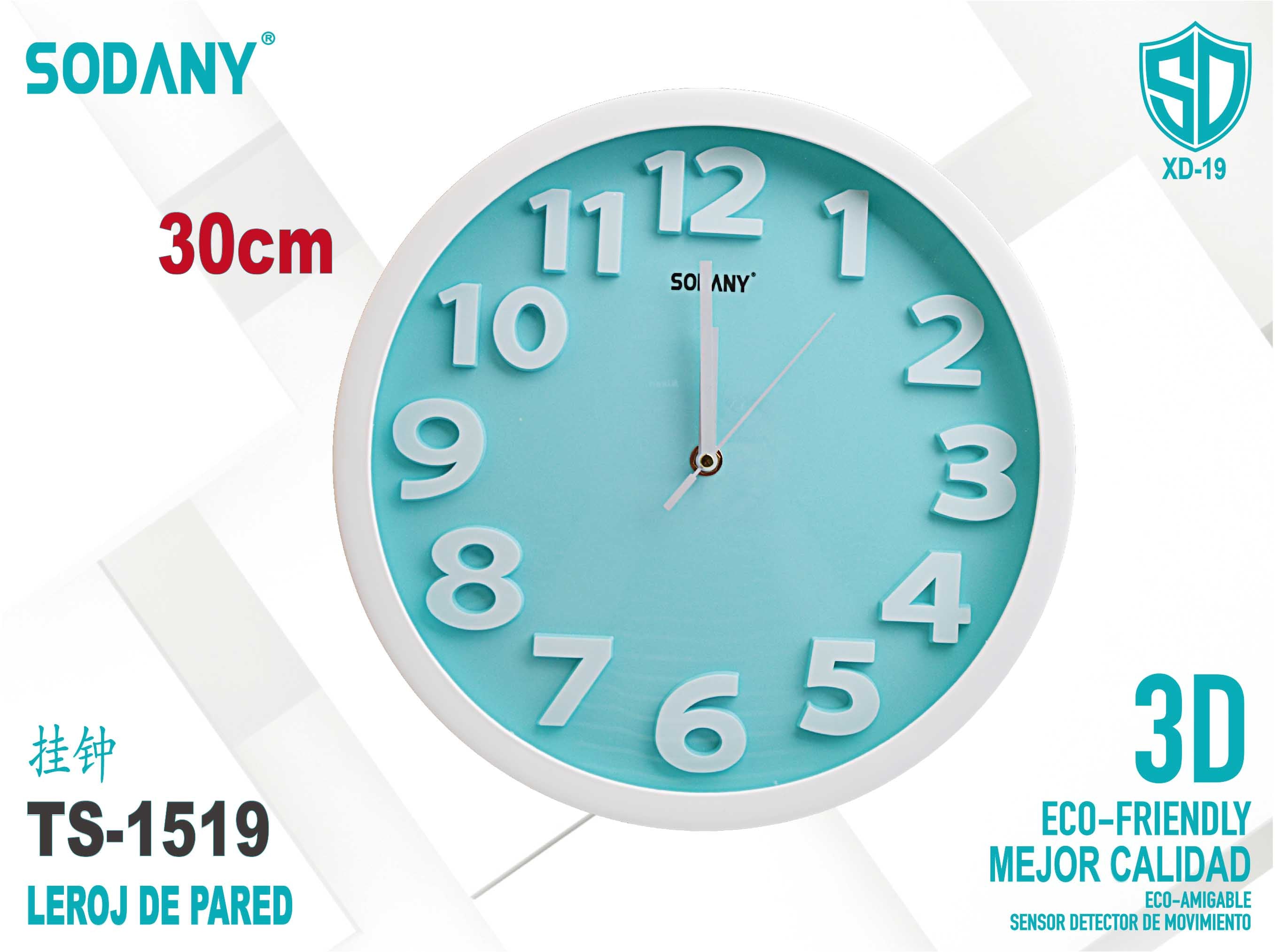 Reloj de Pared Redondo de 30 cm con Números 3D en Azul - Sodany TS-1519