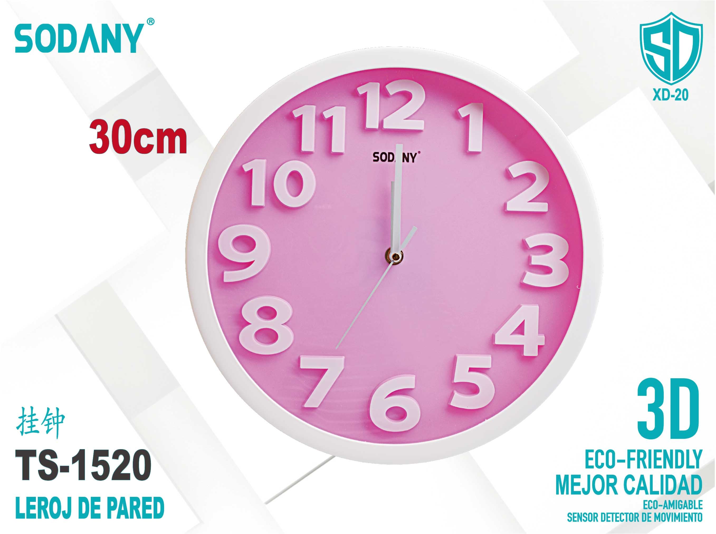 Reloj de Pared Redondo de 30 cm con Números 3D en Rosa - Sodany TS-1520