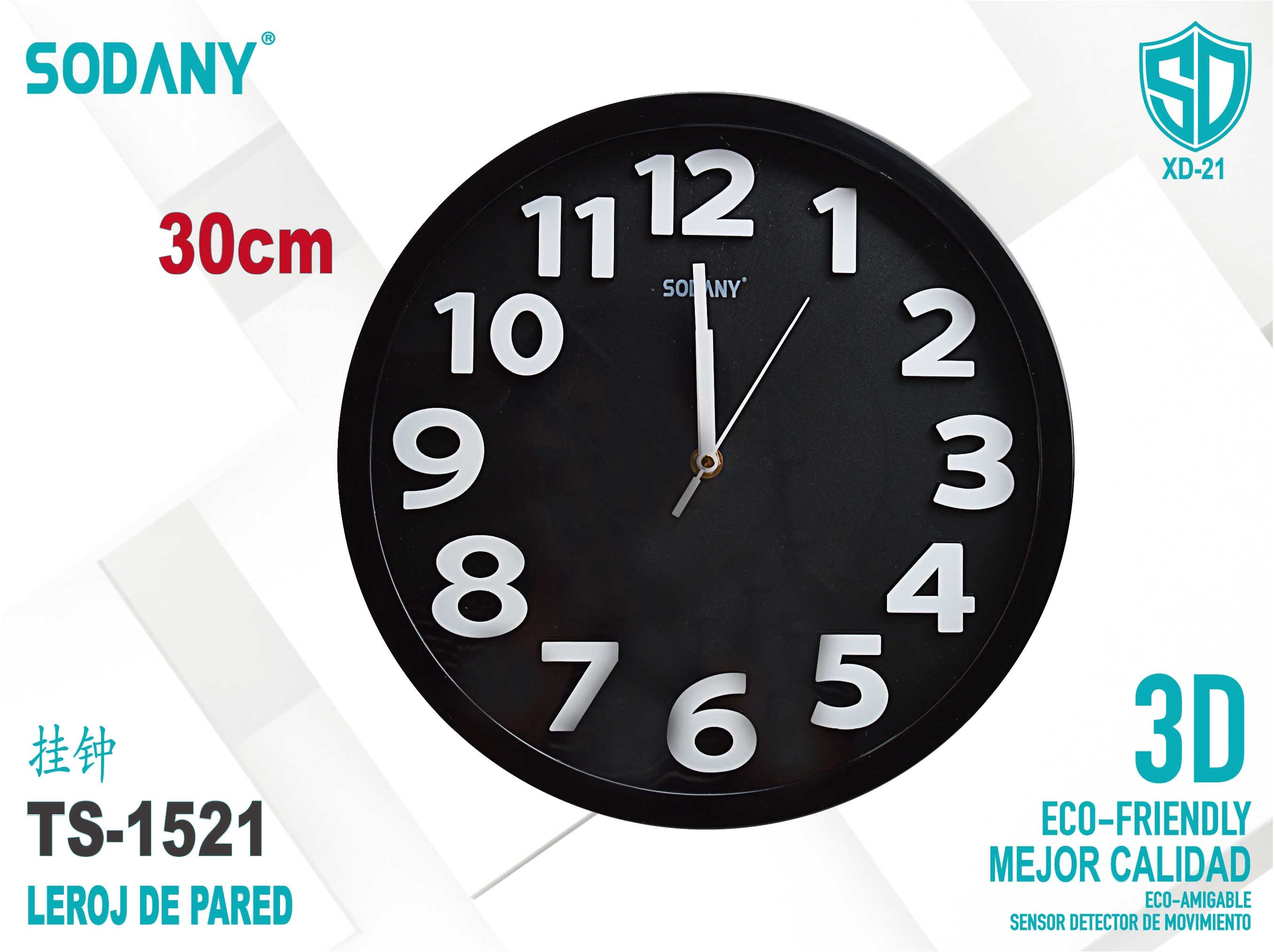 Reloj de Pared Redondo 30cm con Números 3D en Color Negro - Sodany TS-1521