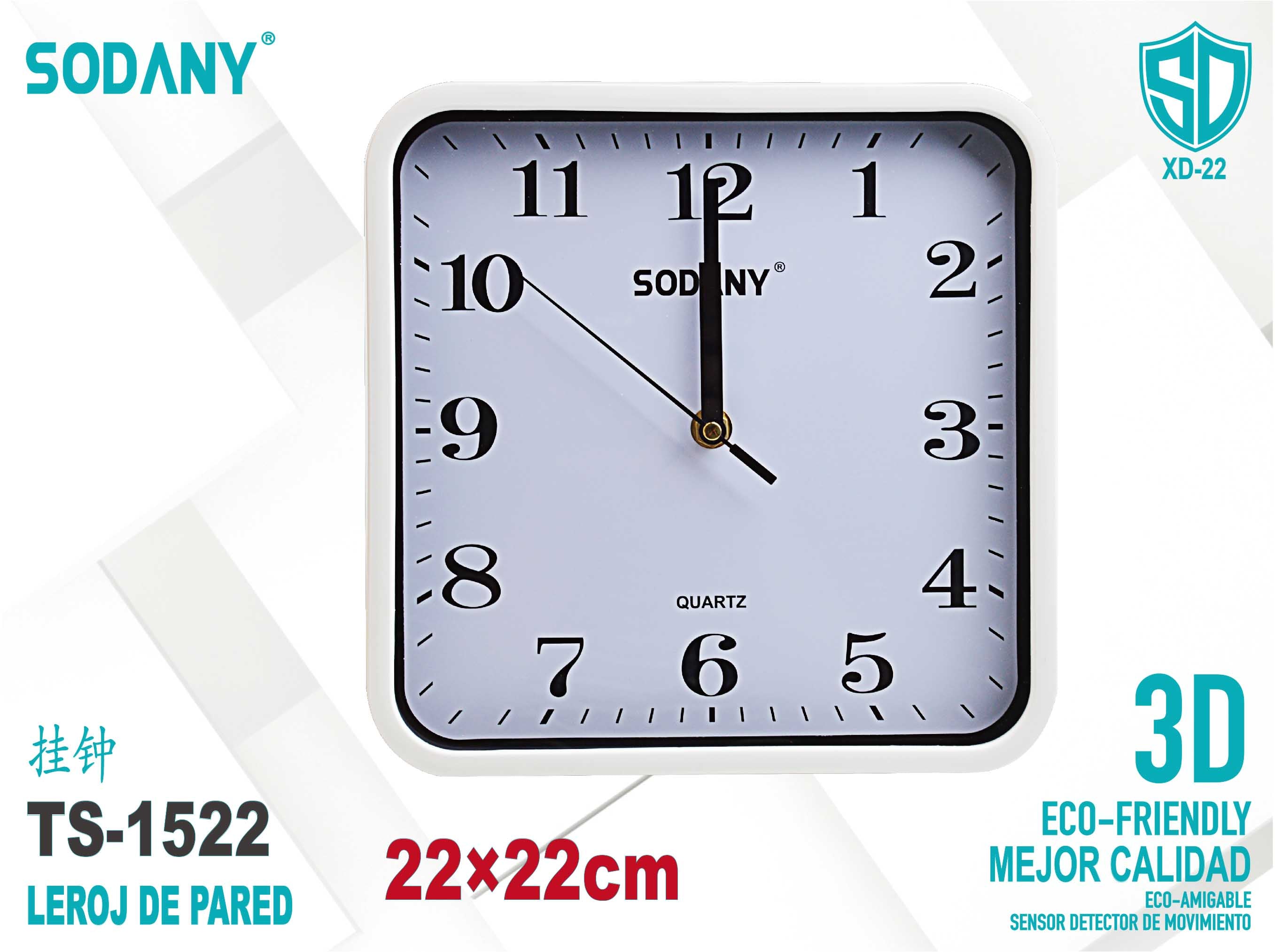 Reloj de Pared Cuadrado 22x22cm en Color Blanco - Sodany TS-1522