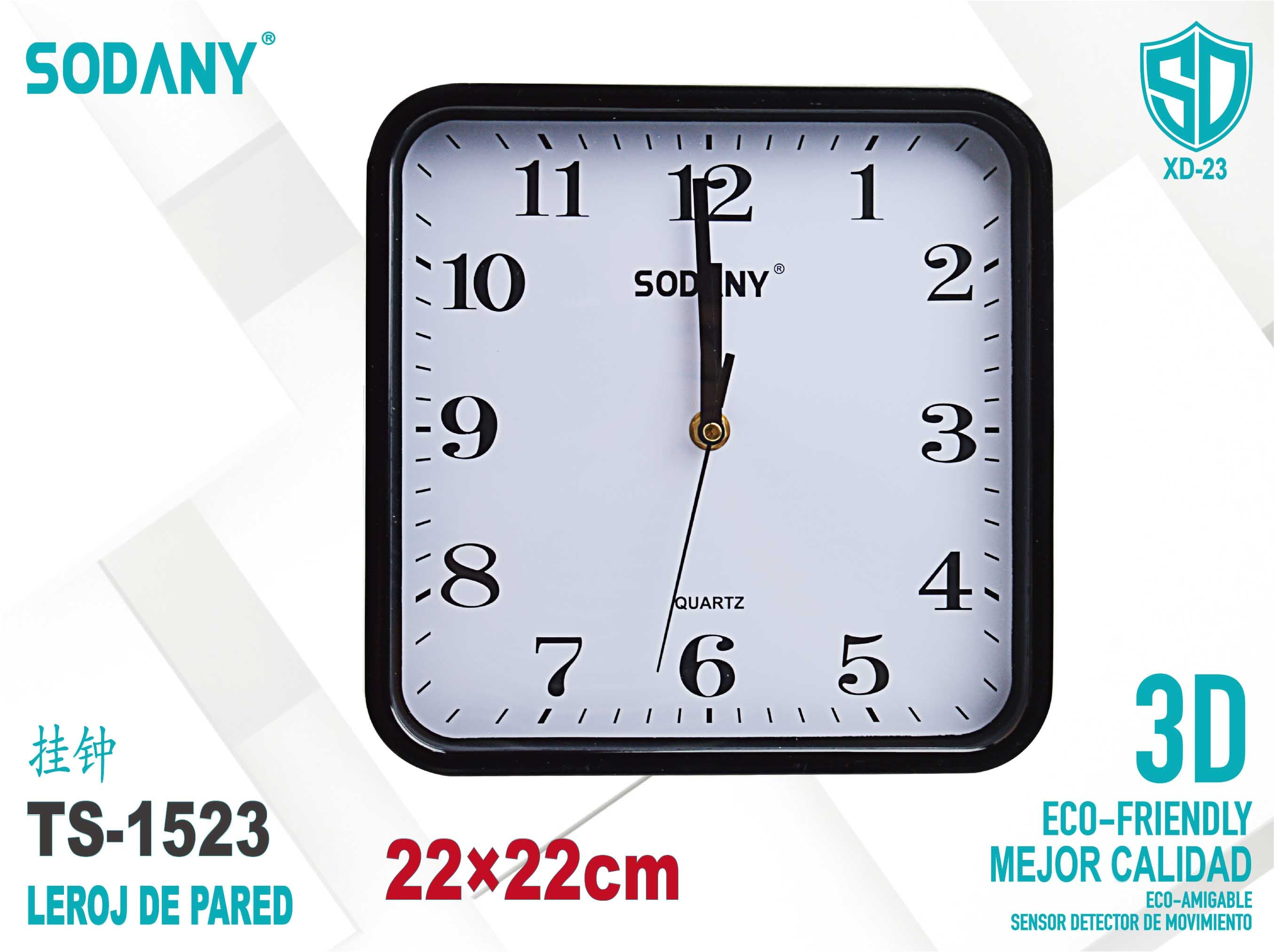 Reloj de Pared Cuadrado 22x22cm en Color Negro - Sodany TS-1523