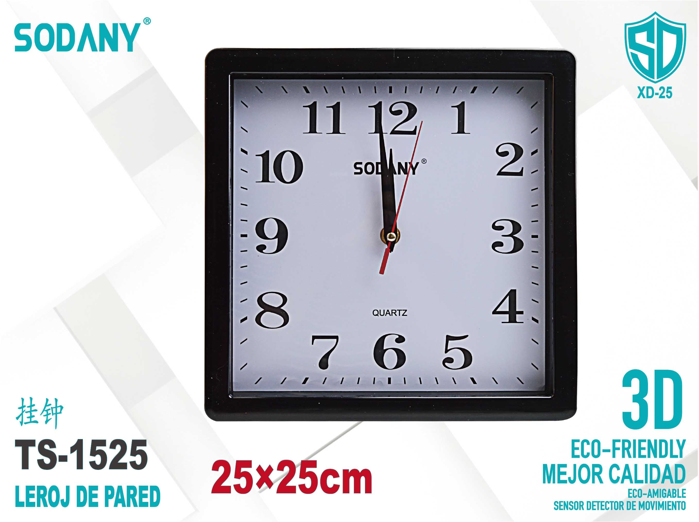 Reloj de Pared Cuadrado 25x25cm en Color Negro - Sodany TS-1525