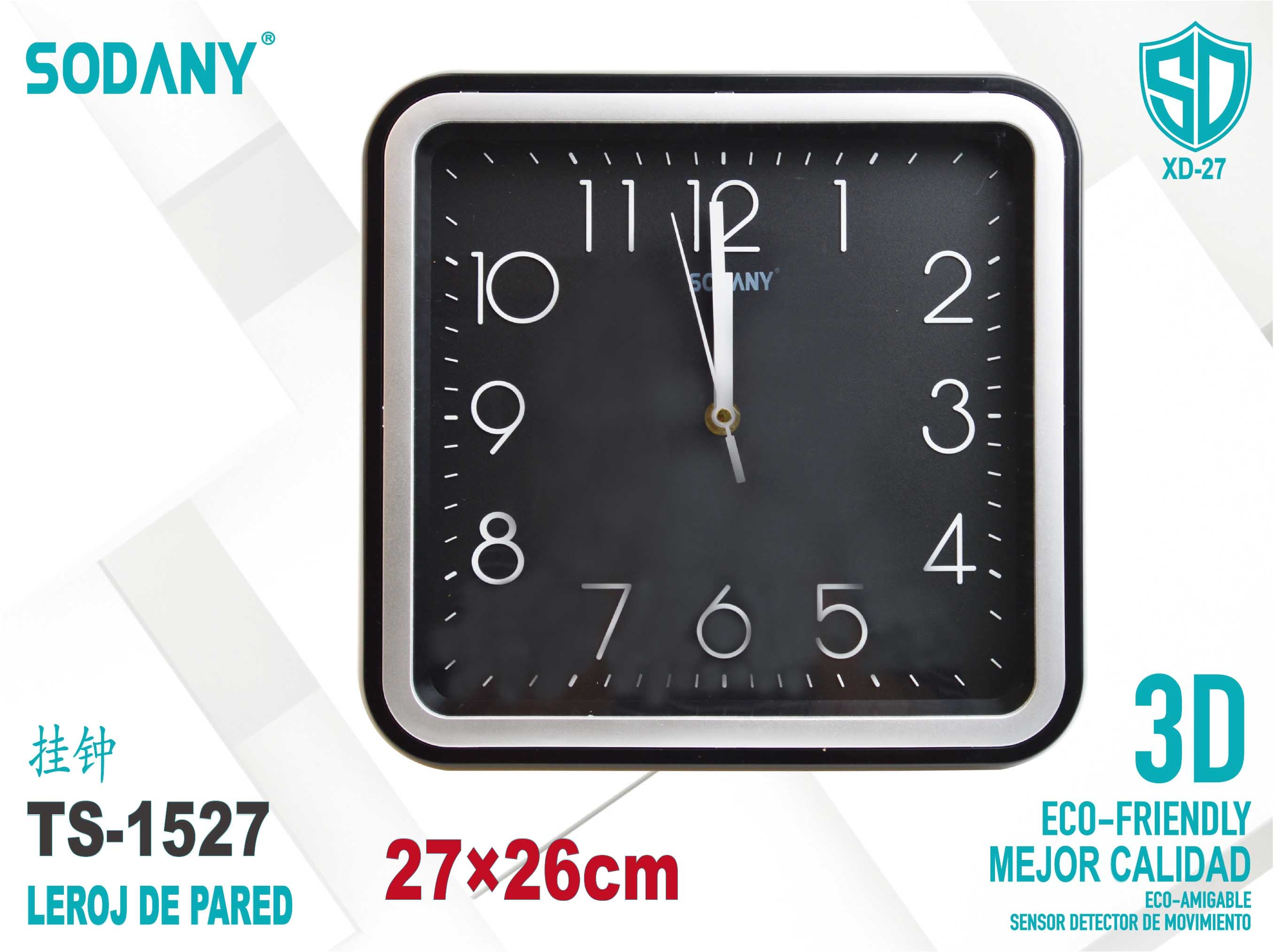 Reloj de Pared Cuadrado 27x26cm en Color Negro - Sodany TS-1527