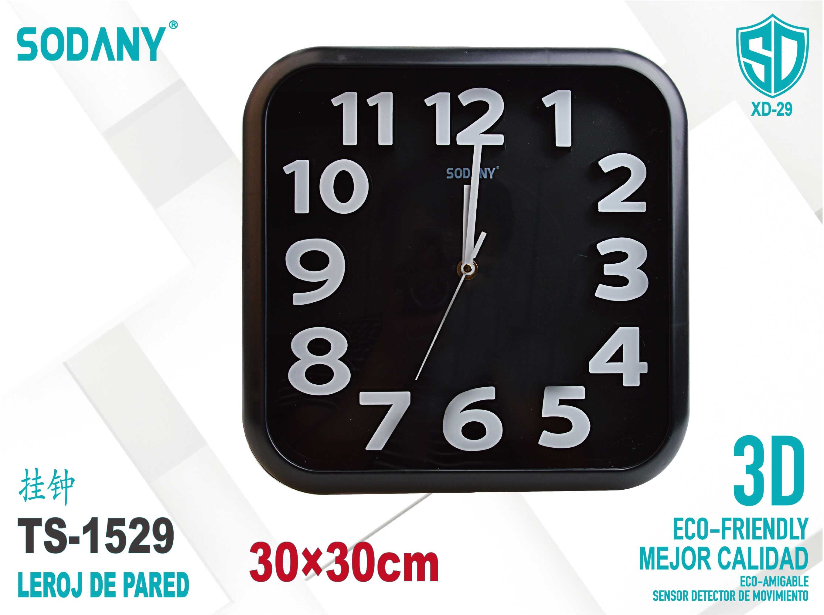 Reloj de Pared Cuadrado 30x30cm en Color Negro - Sodany TS-1529