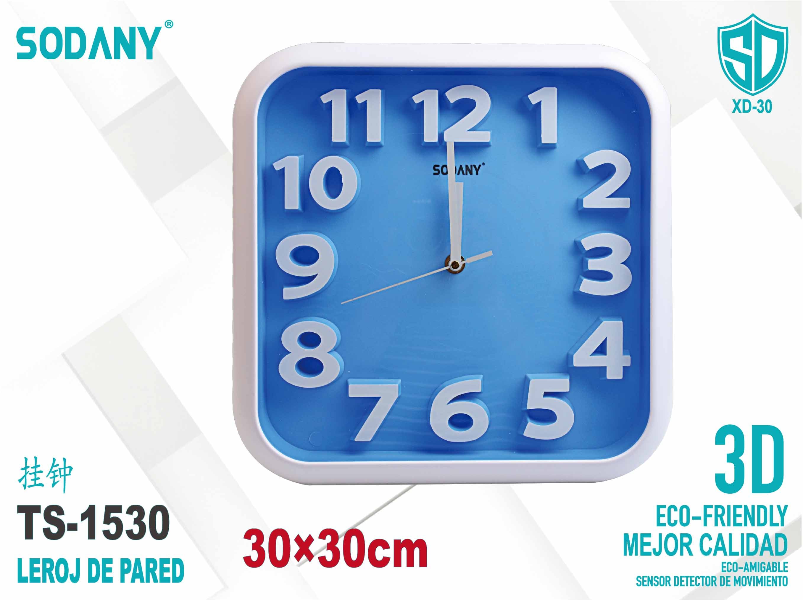 Reloj de Pared Cuadrado 30x30cm en Color Azul con Números Blancos - Sodany TS-1530