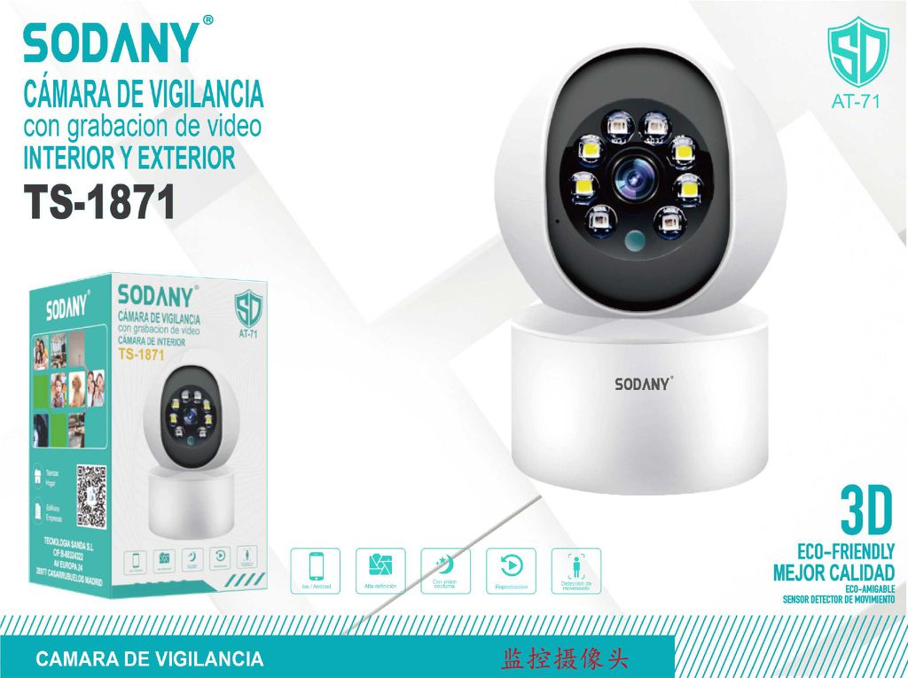 Sodany TS-1871 Cámara de Vigilancia con Grabación de Video Interior y Exterior