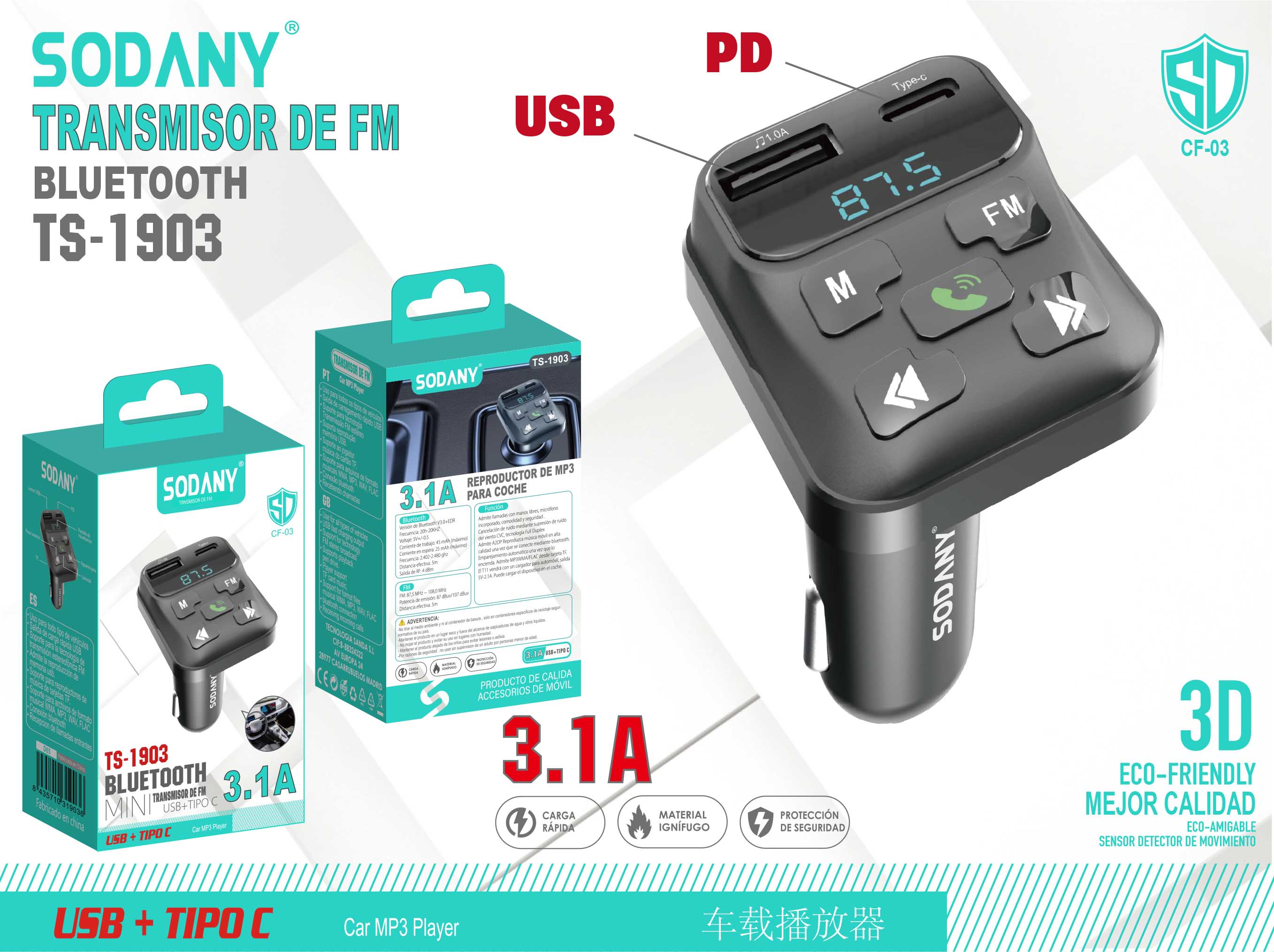 Sodany TS-1903 Transmisor de FM para Coche con Bluetooth