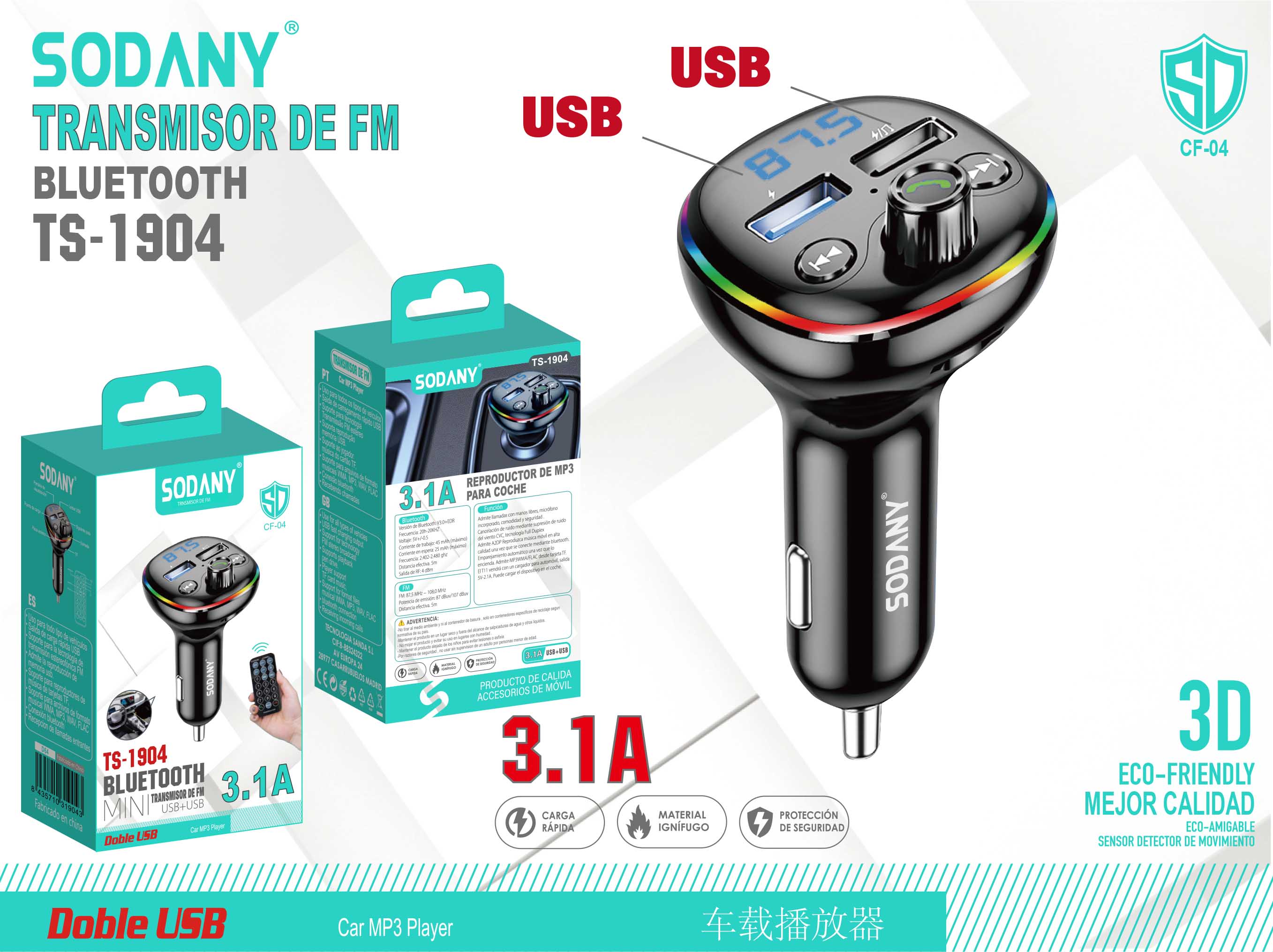 Sodany TS-1904 Transmisor de FM para Coche con Bluetooth