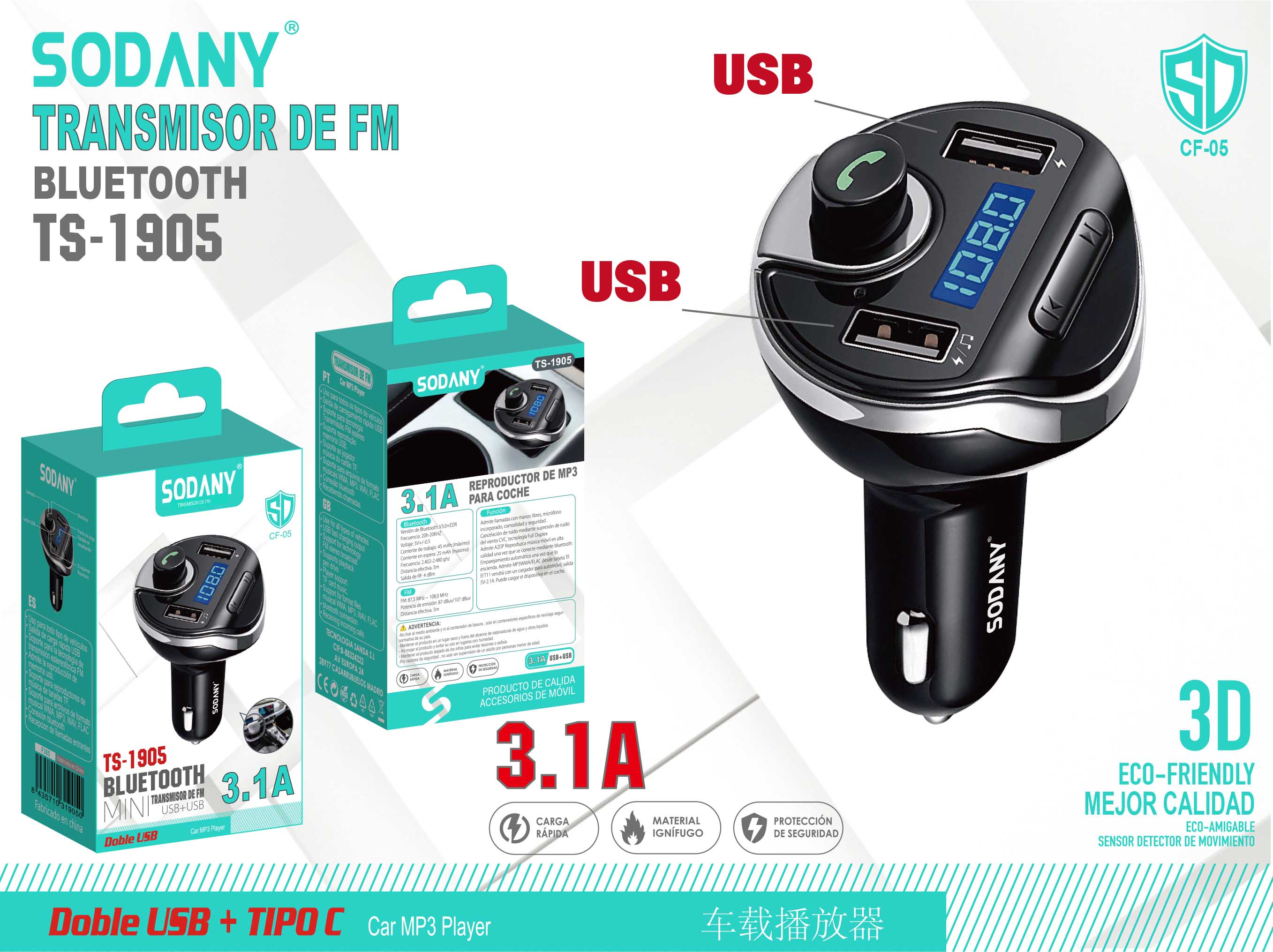 Sodany TS-1905 Transmisor de FM para Coche con Bluetooth