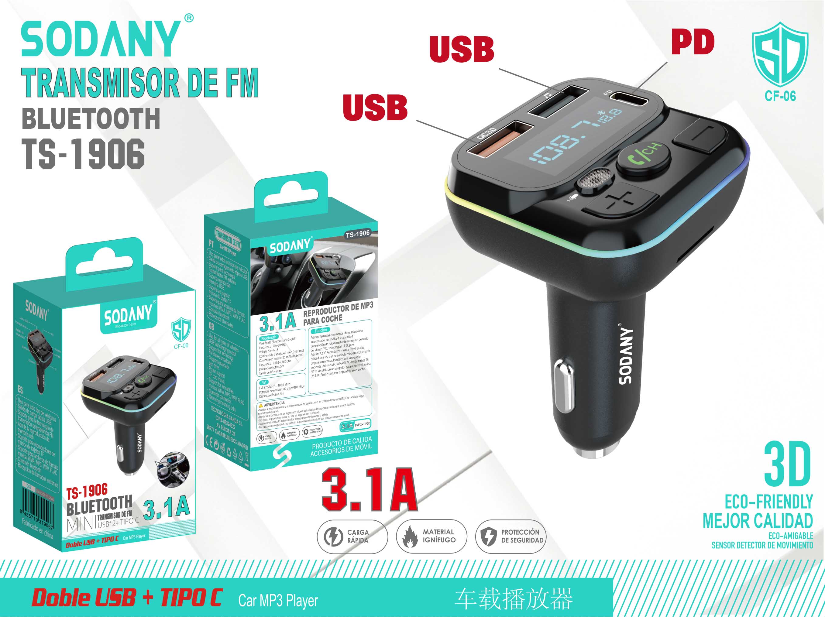 Sodany TS-1906 Transmisor de FM para Coche con Bluetooth