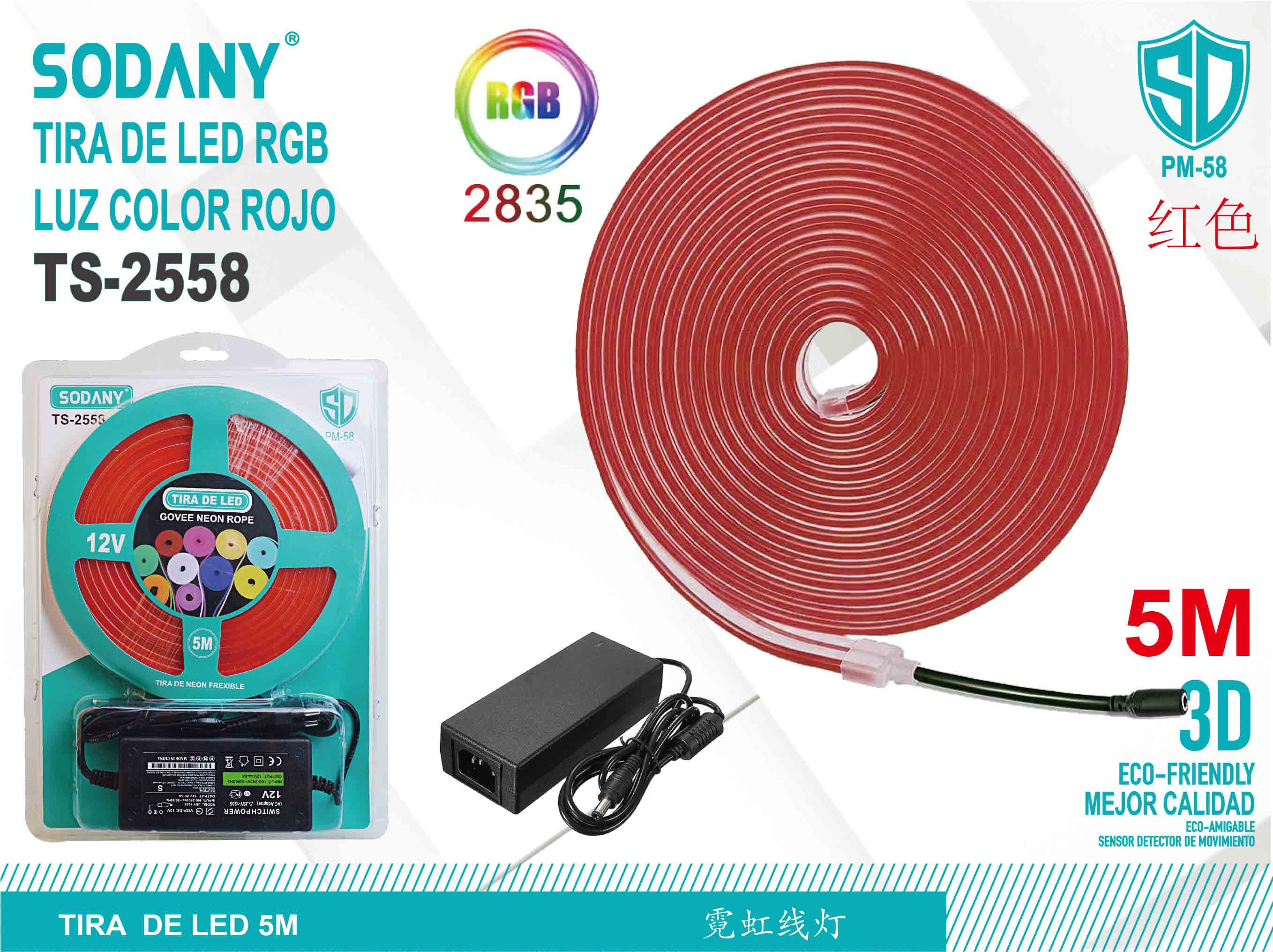 SODANY Tira de LED RGB Luz Color Rojo TS-2558