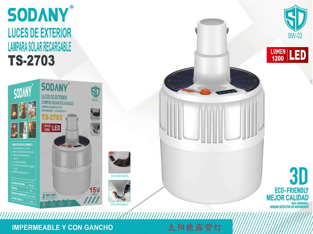 Sodany TS-2703 Lámpara Solar Recargable 15W