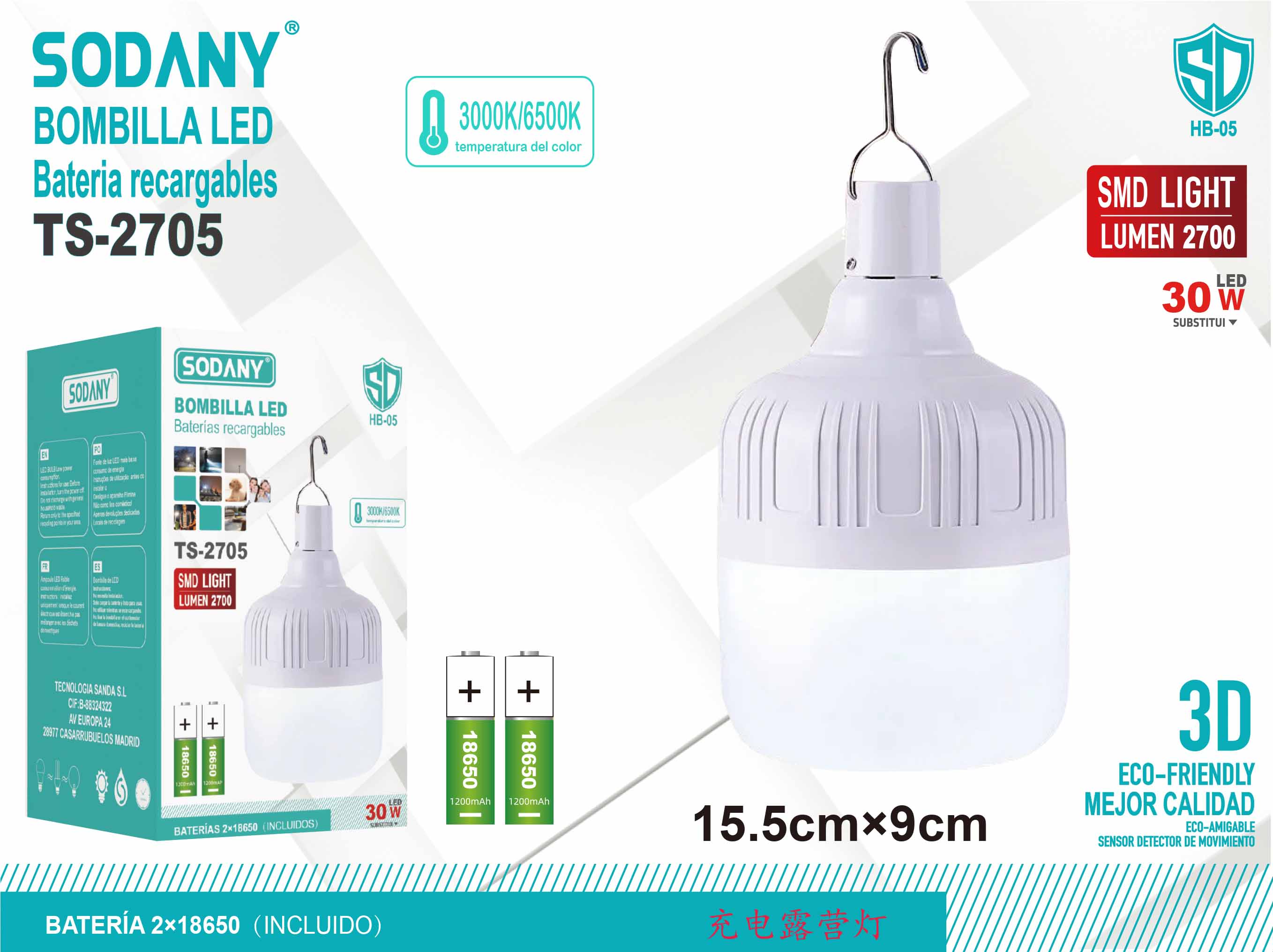 Sodany TS-2705 Bombilla LED 30W Recargable