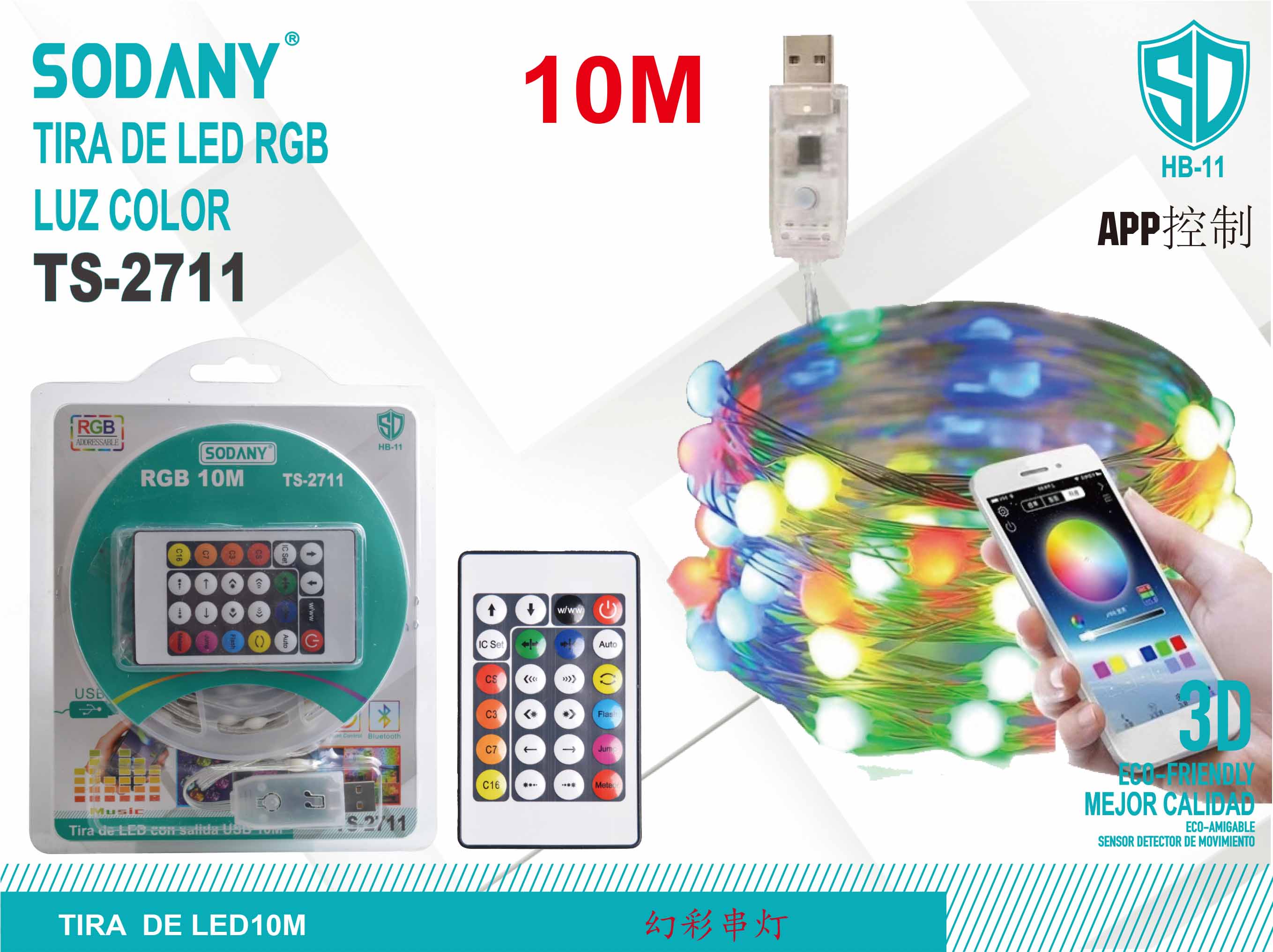 SODANY Tira de LED RGB 10M USB con Control por APP TS-2711