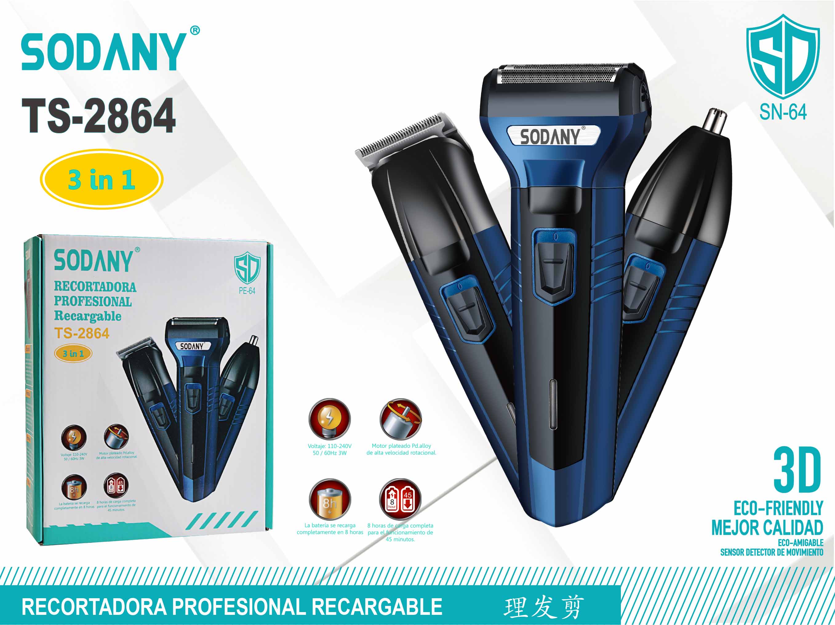 SODANY Recortadora Profesional Recargable 3 en 1 TS-2864