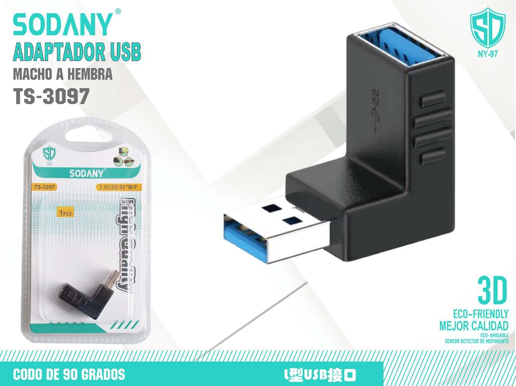 SODANY Adaptador USB Macho a Hembra en Ángulo de 90 Grados TS-3097