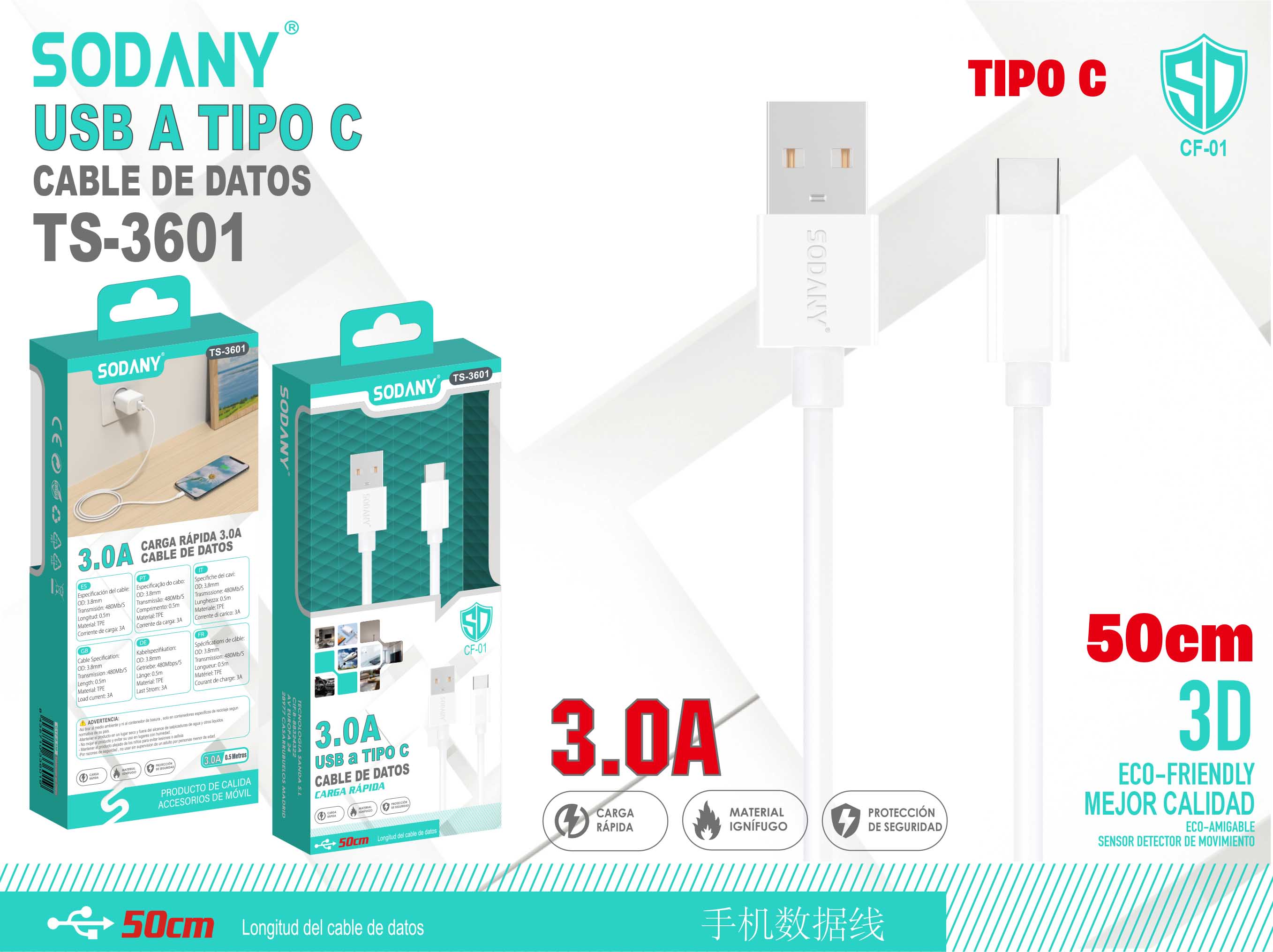 Cable USB a Tipo C 50cm 3.0A