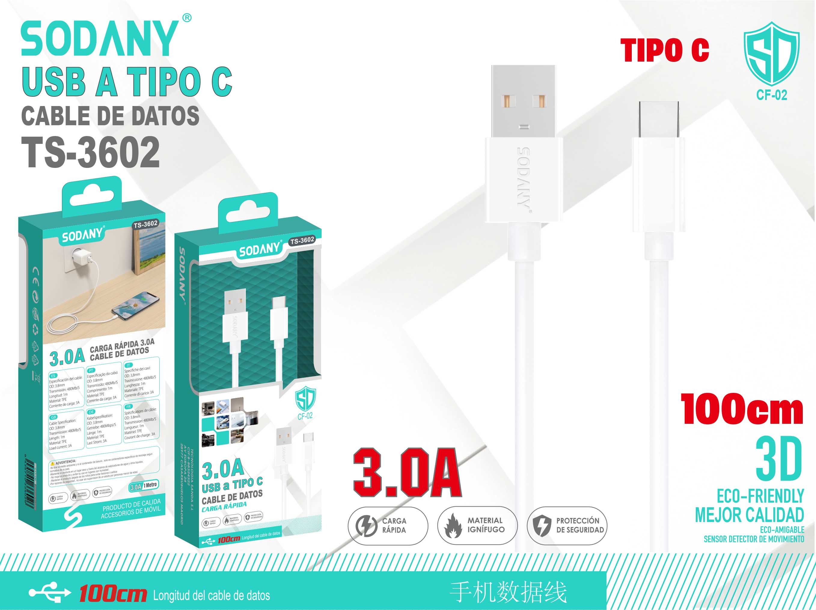 Cable  USB a Tipo C 100cm 3.0A