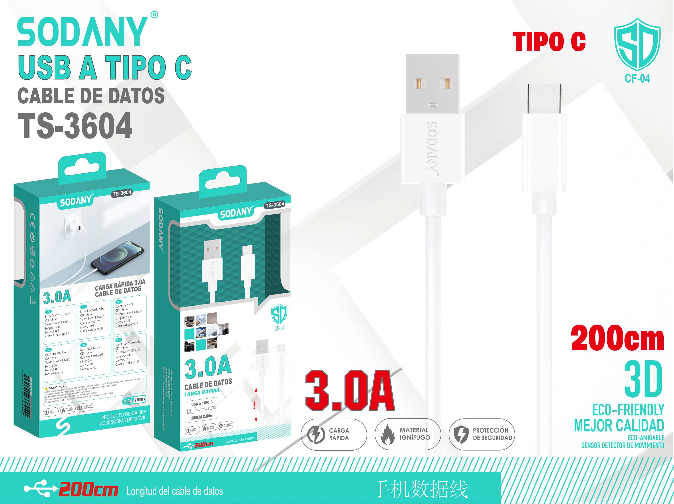 Cable USB a Tipo C de 200 cm 3.0A