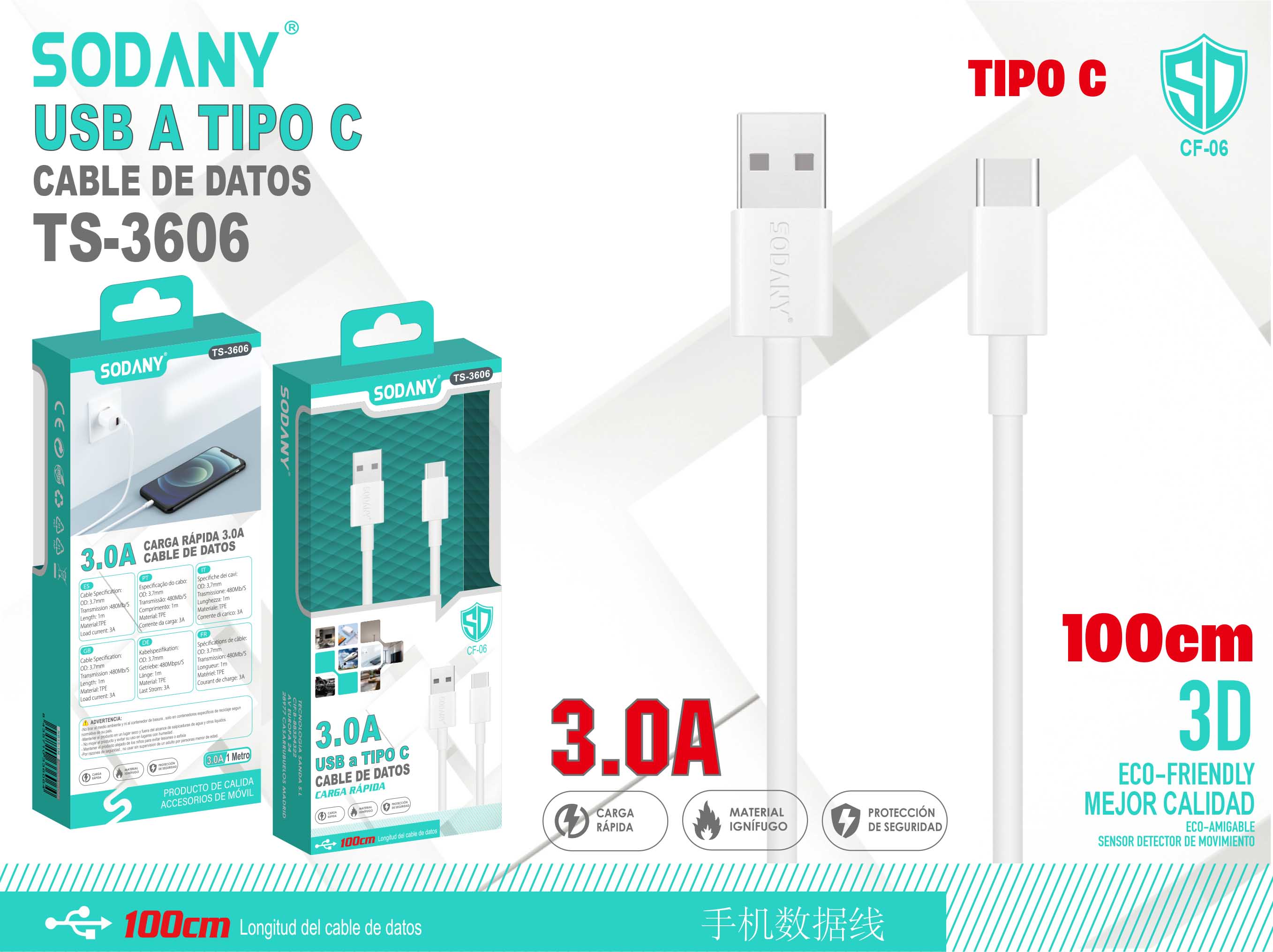 Cable USB a Tipo C 100cm 3.0A