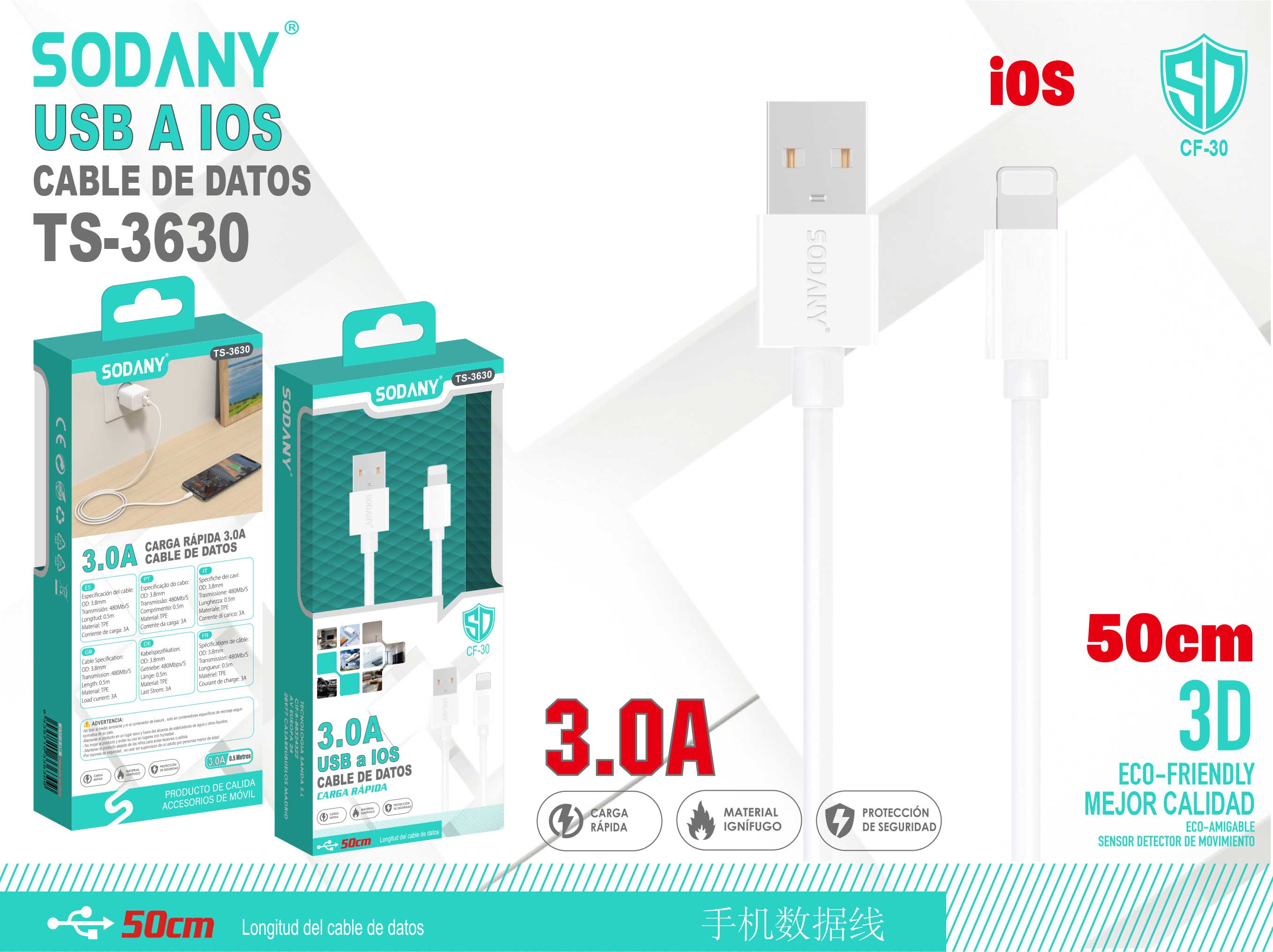 Cable USB a iOS de 50 cm 3.0A