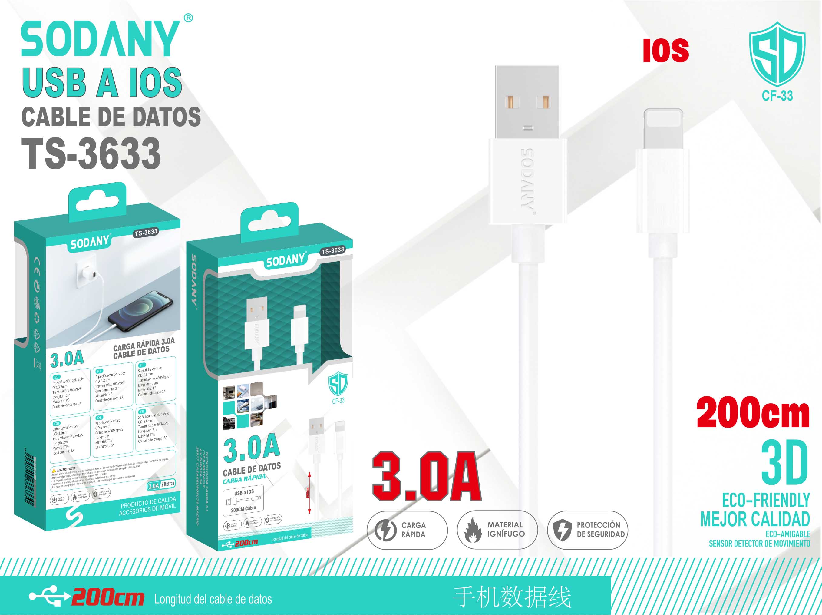 Cable USB a iOS de 200 cm 3.0A