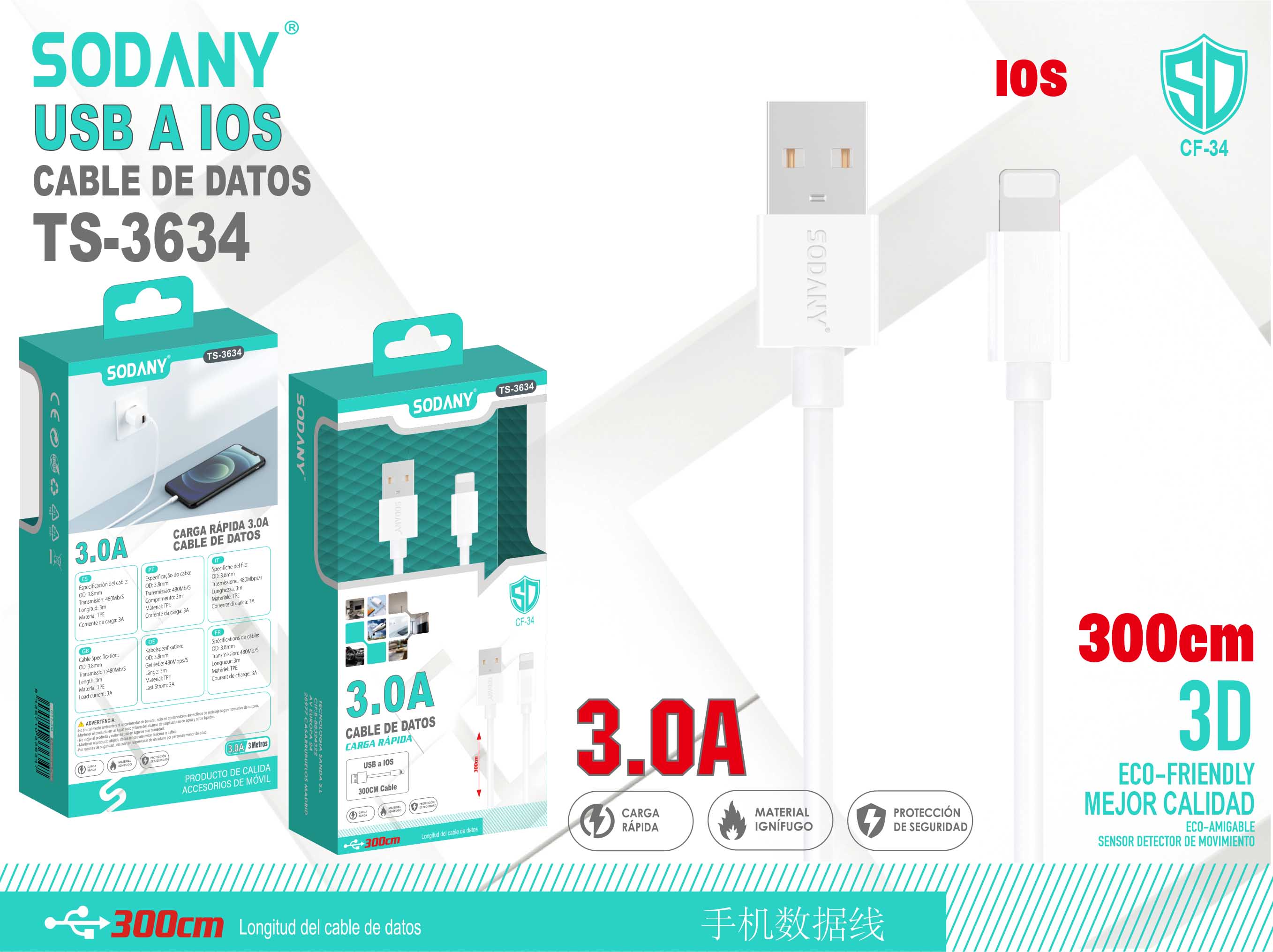 Cable USB a iOS de 300 cm 3.0A