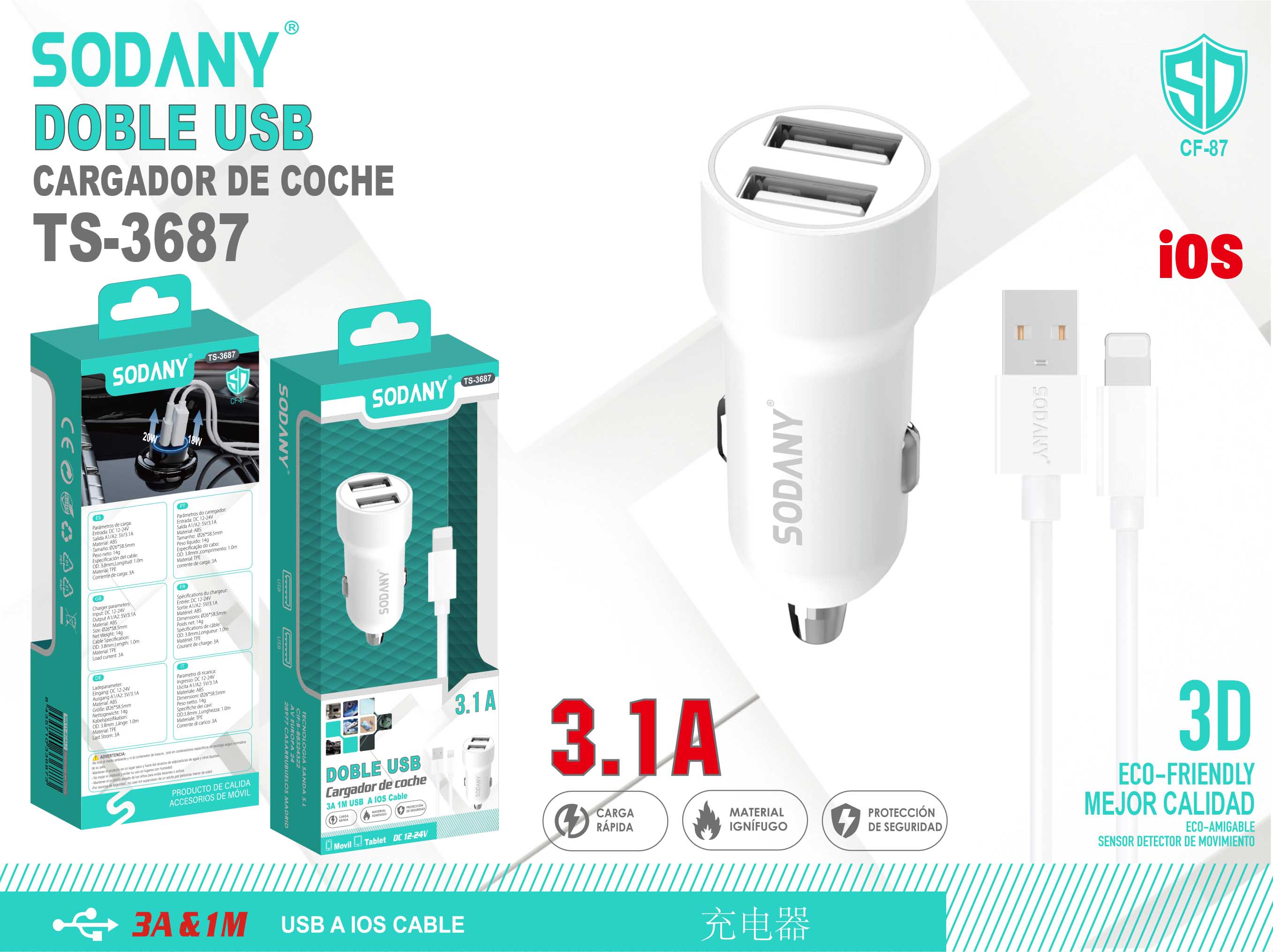 Cargador de coche Apple IOS 3.1A 2USB TS-3687